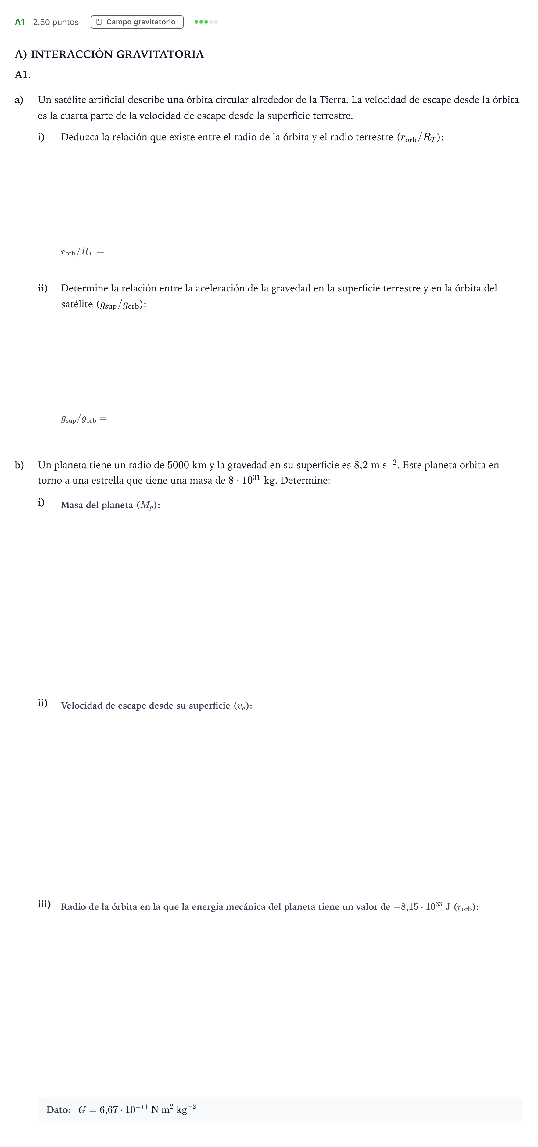 Enunciado: Ejercicio A1 · Física PAU Andalucía Extraordinaria Titular 2023