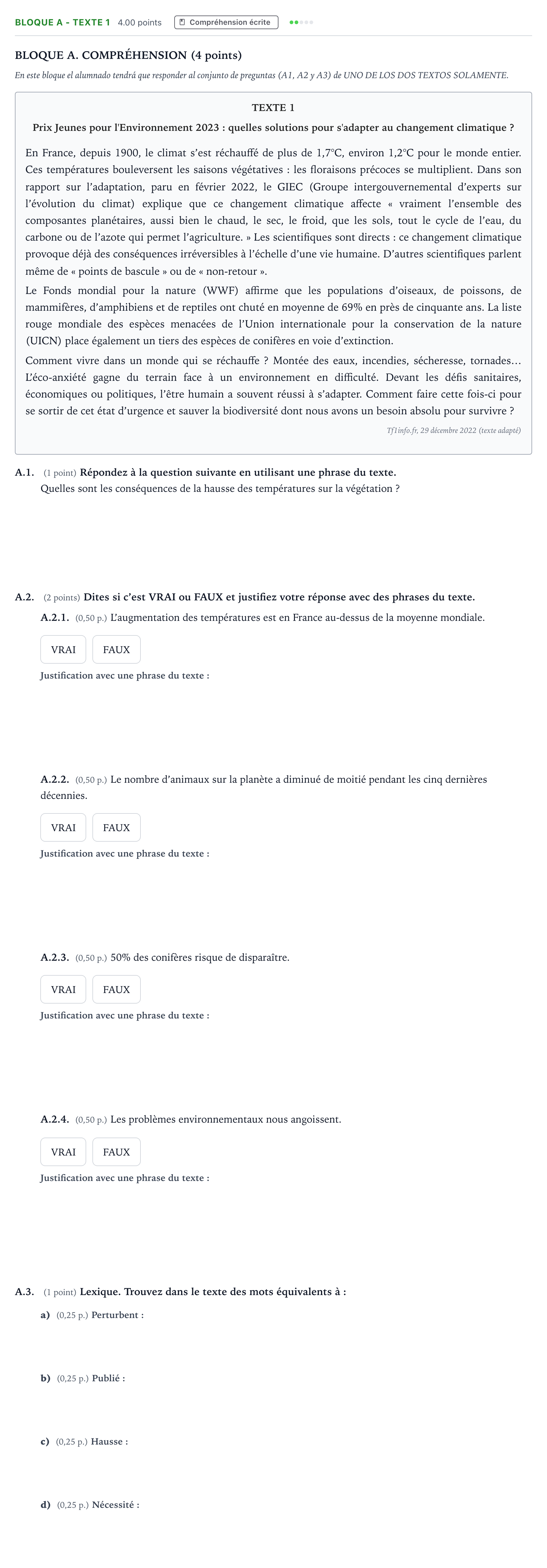Enunciado: Bloque A - Texte 1 · Francés PAU Andalucía Extraordinaria Suplente 2023