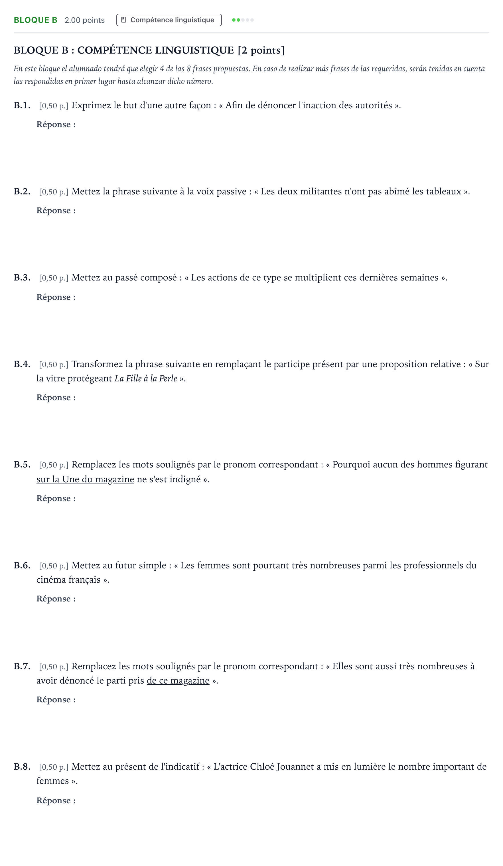 Enunciado: Bloque B · Francés PAU Andalucía Extraordinaria Titular (Acceso) 2023