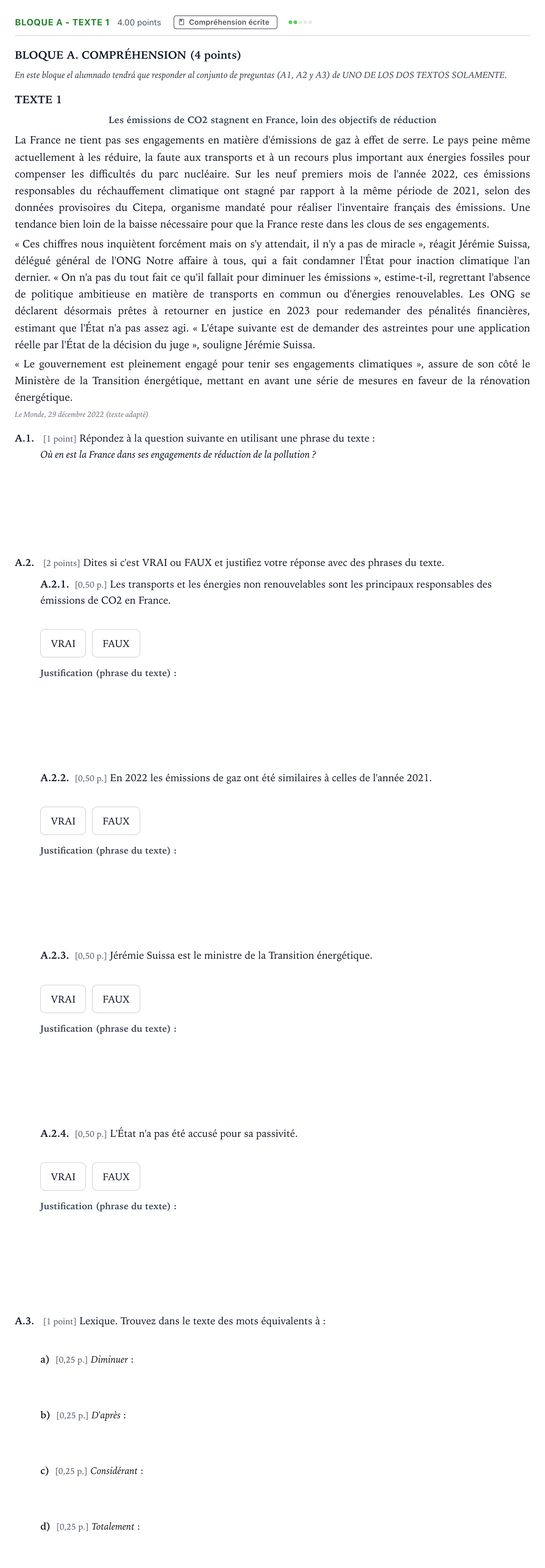 Enunciado: Bloque A - Texte 1 · Francés PAU Andalucía Extraordinaria Titular (Admisión) 2023