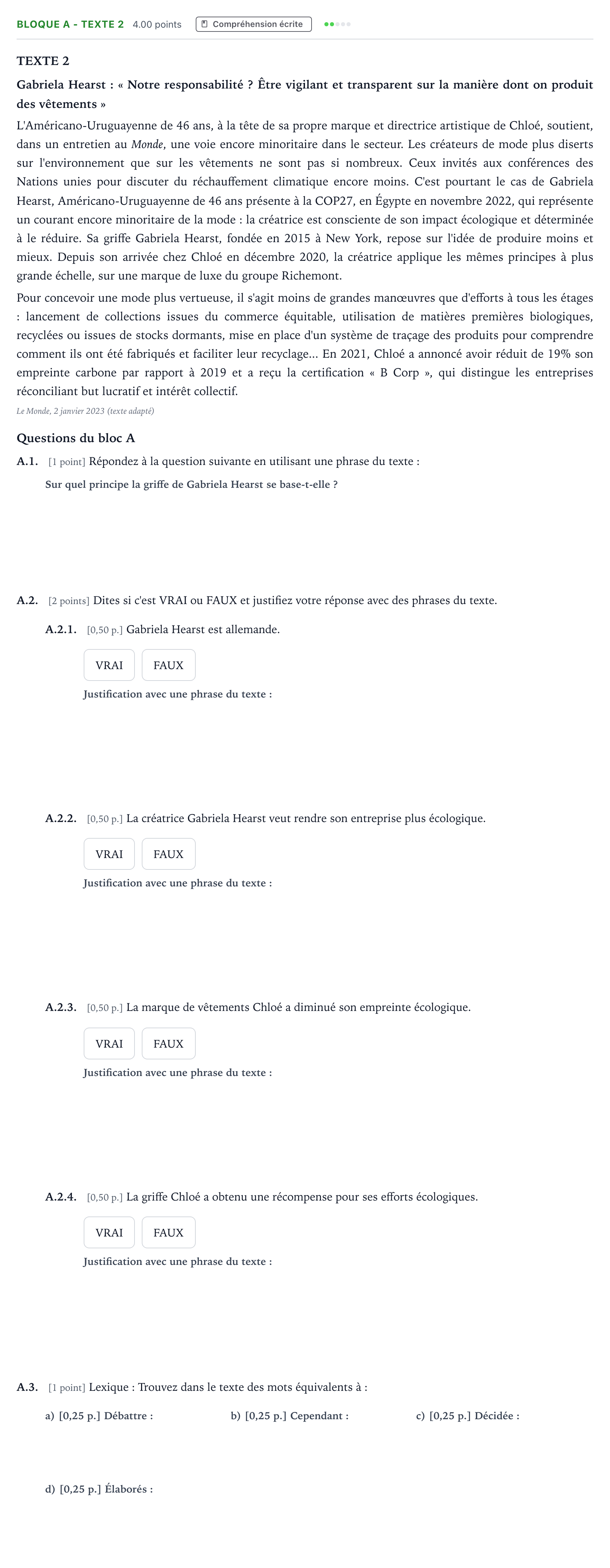 Enunciado: Bloque A - Texte 2 · Francés PAU Andalucía Extraordinaria Titular (Admisión) 2023
