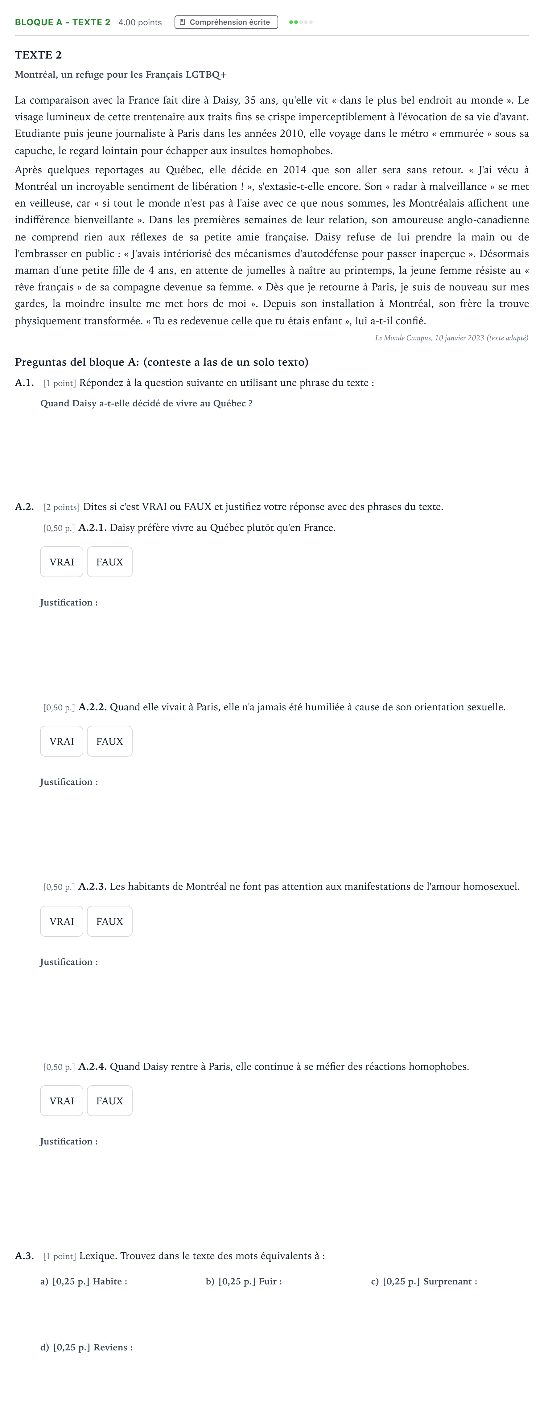 Enunciado: Bloque A - Texte 2 · Francés PAU Andalucía Ordinaria Titular (Admisión) 2023