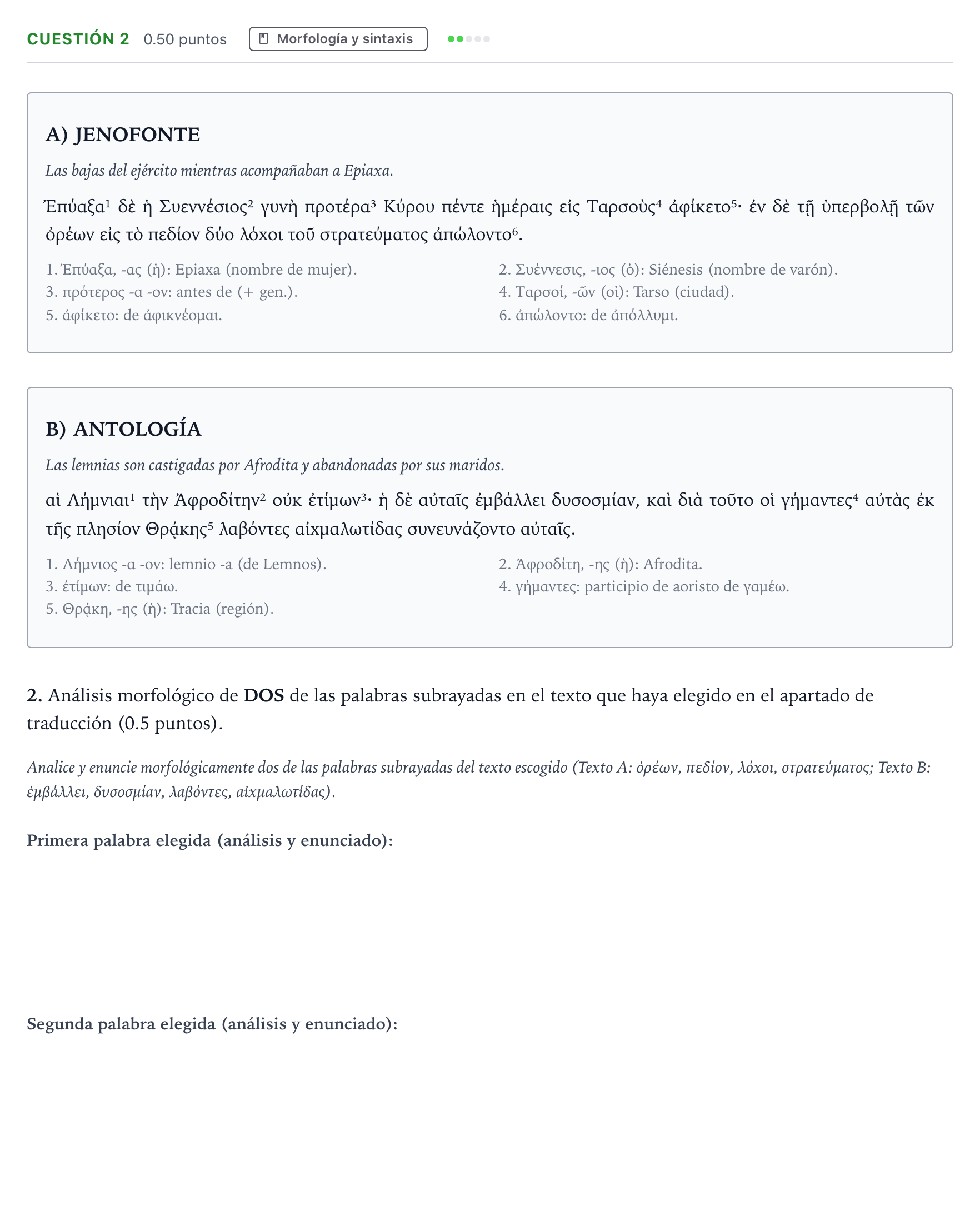 Enunciado: Cuestión 2 · Griego II PAU Andalucía Extraordinaria Reserva 2023