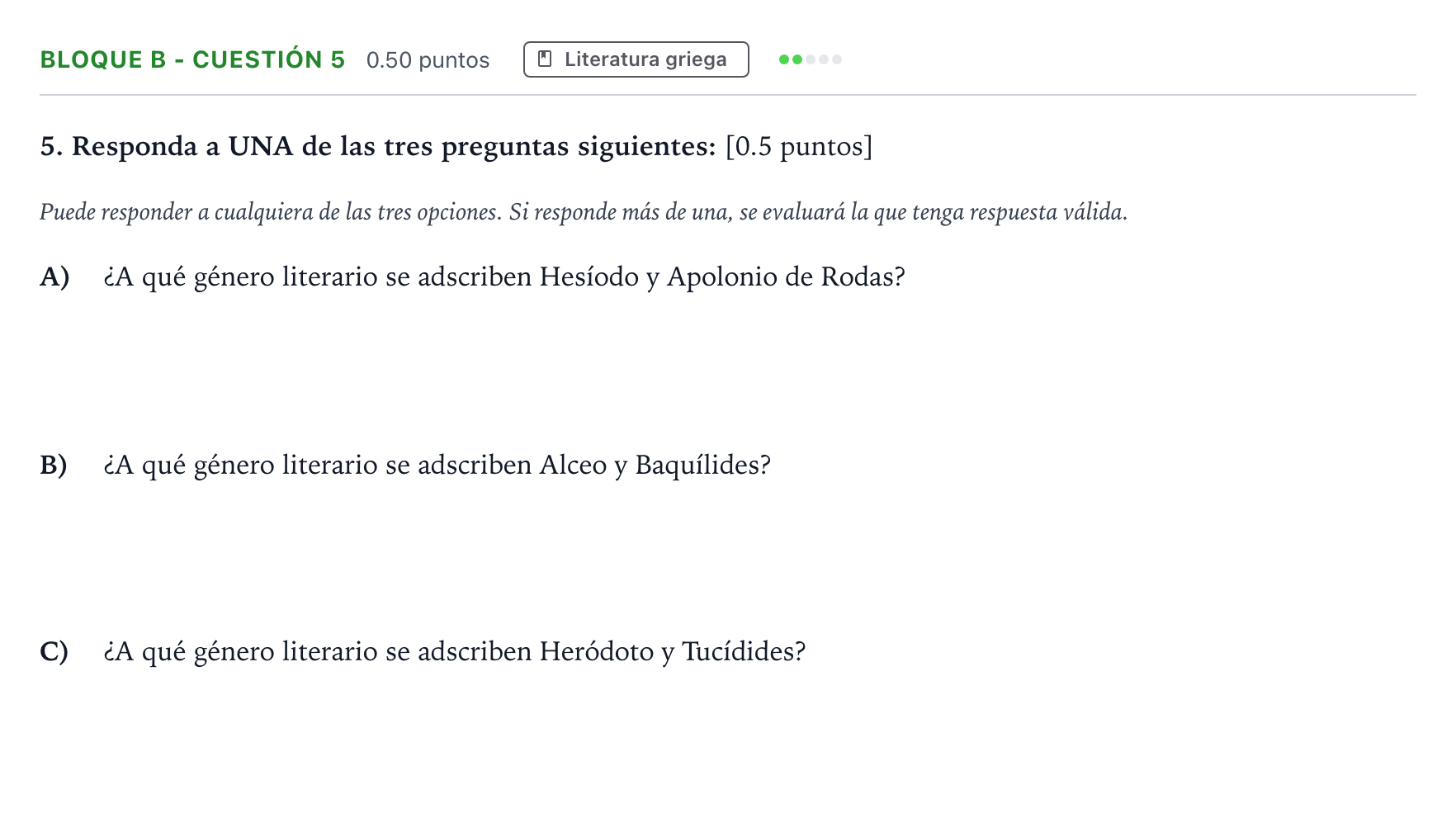 Enunciado: Bloque B - Cuestión 5 · Griego II PAU Andalucía Ordinaria Suplente 2023