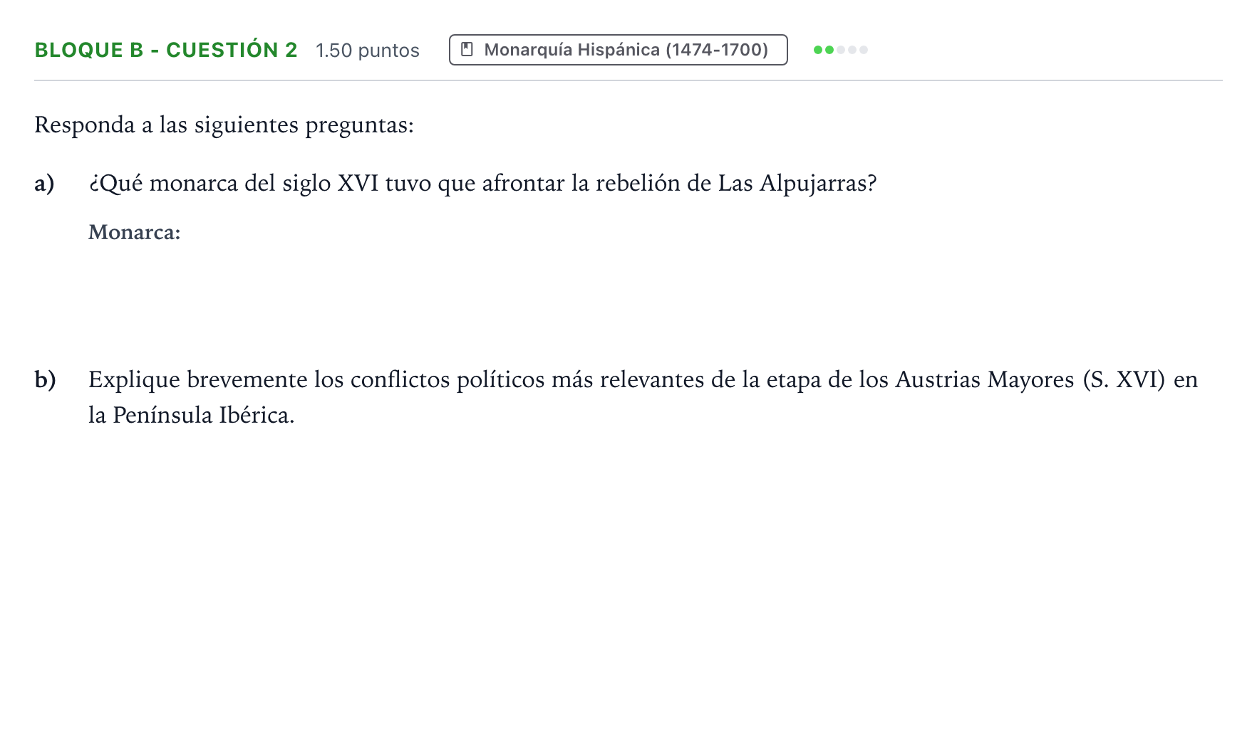Enunciado: Bloque B - Cuestión 2 · Historia de España PAU Andalucía Extraordinaria Reserva 2023