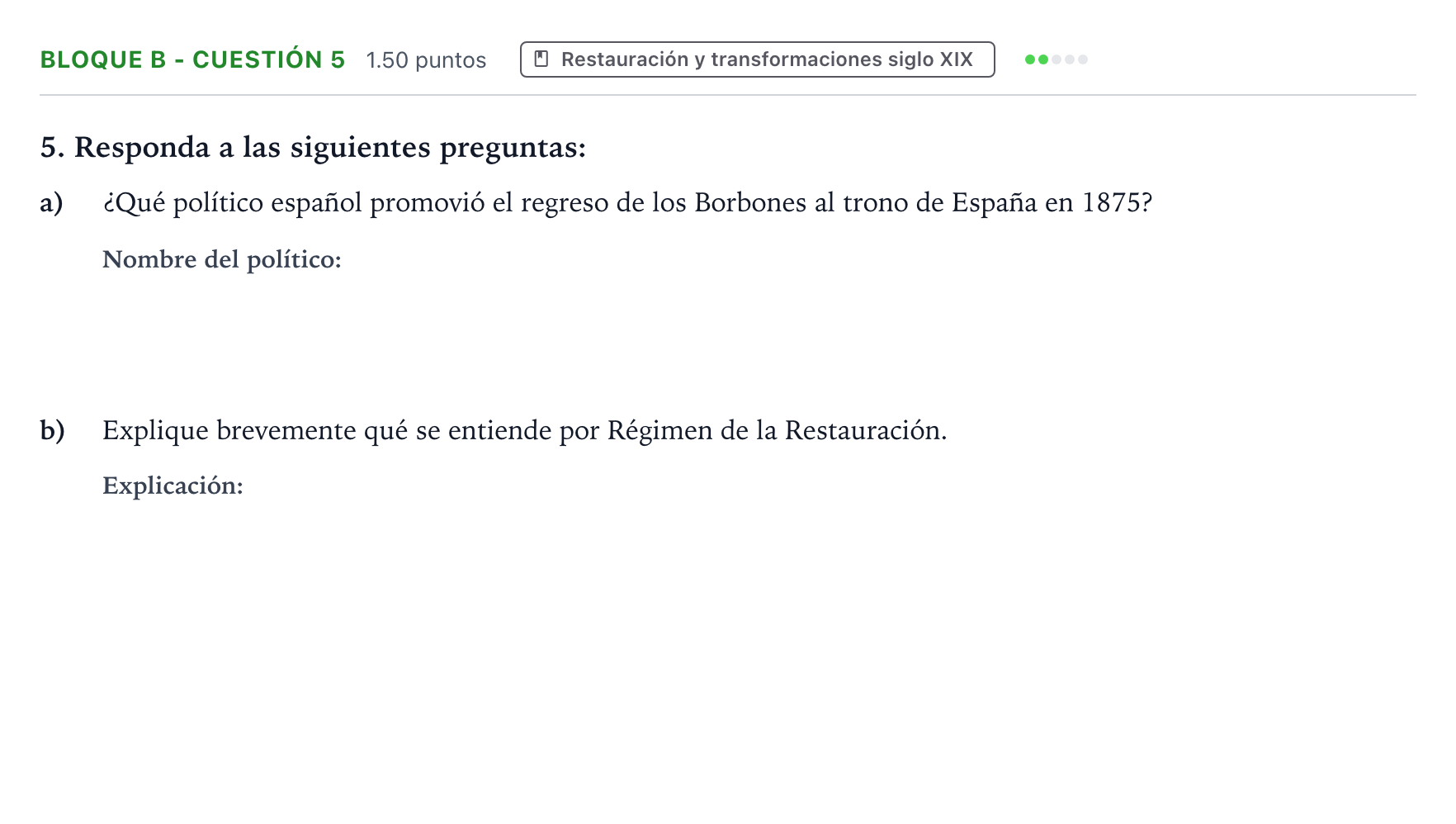 Enunciado: Bloque B - Cuestión 5 · Historia de España PAU Andalucía Extraordinaria Suplente 2023