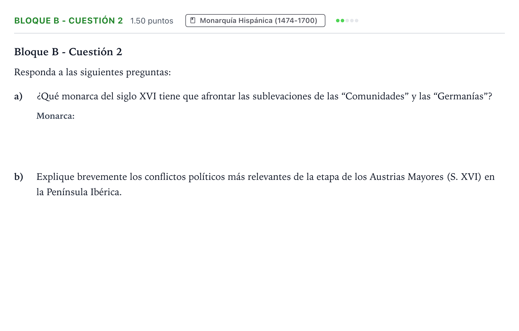 Enunciado: Bloque B - Cuestión 2 · Historia de España PAU Andalucía Ordinaria Suplente 2023