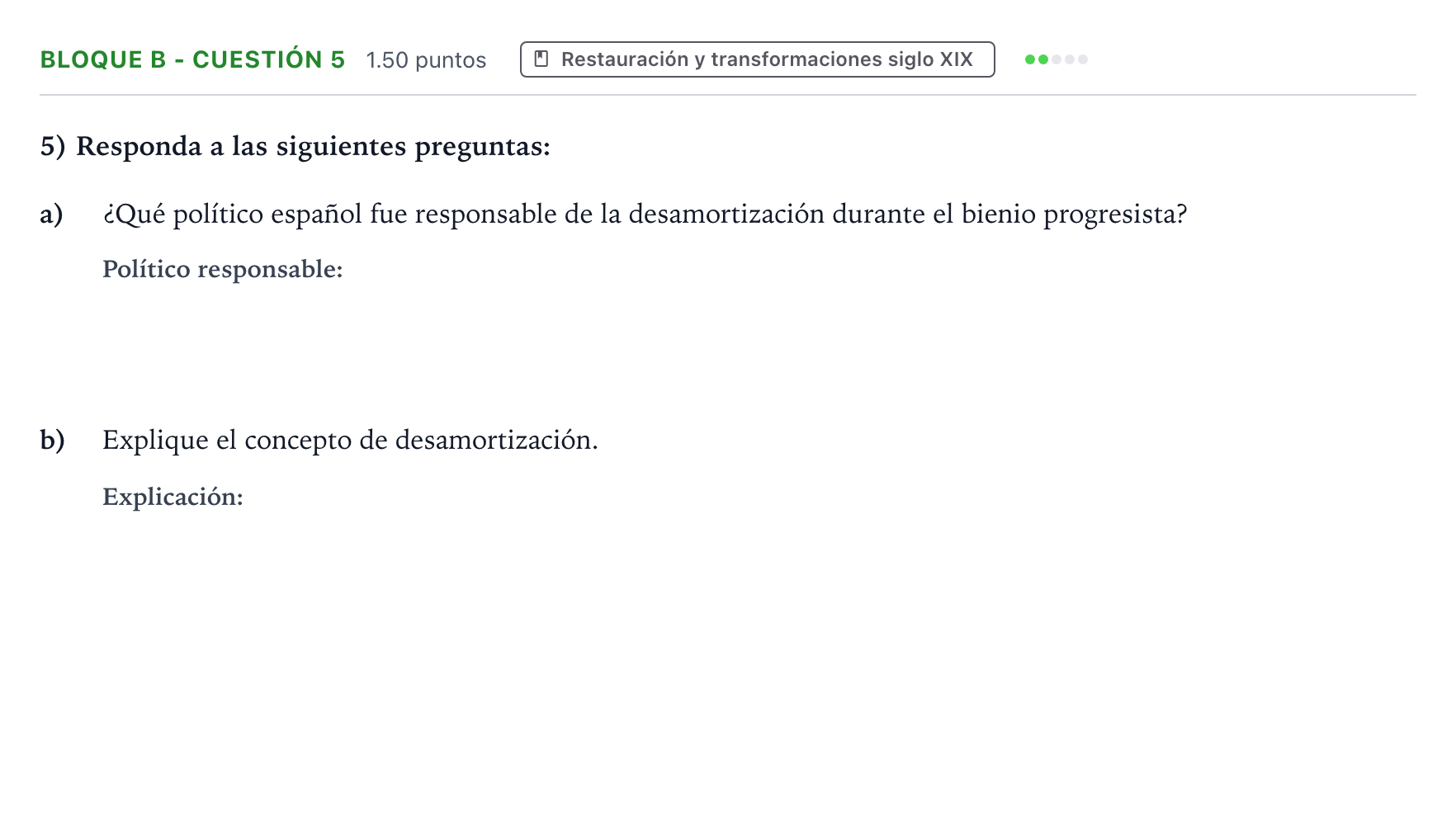 Enunciado: Bloque B - Cuestión 5 · Historia de España PAU Andalucía Ordinaria Suplente 2023