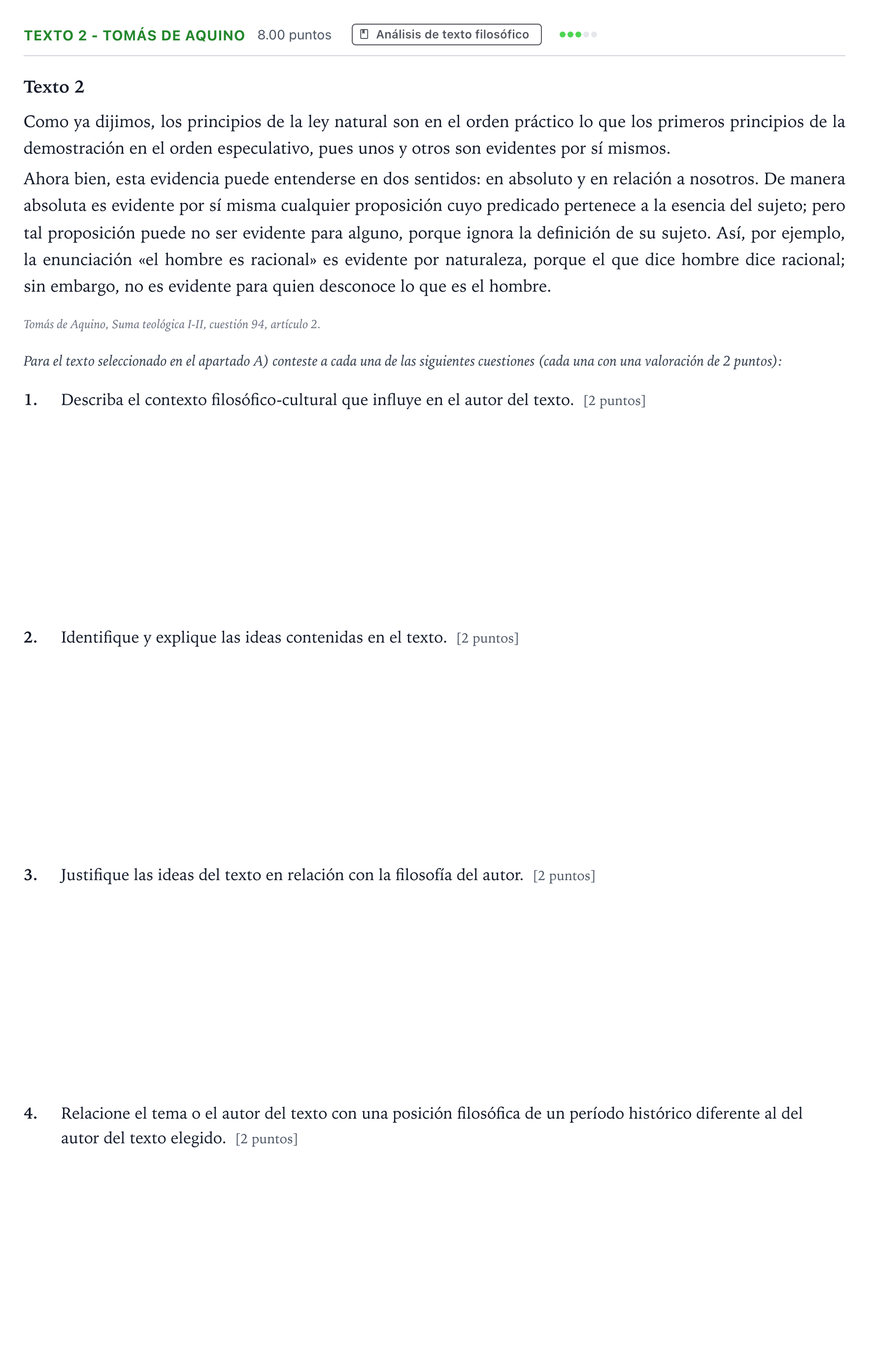 Enunciado: Ejercicio Texto 2 - Tomás de Aquino · Historia de la Filosofía PAU Andalucía Extraordinaria Suplente 2023