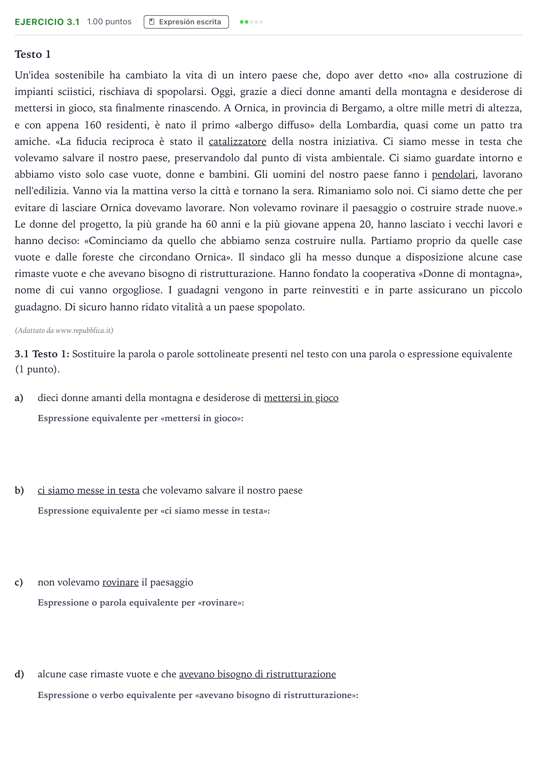 Enunciado: Ejercicio 3.1 · Italiano PAU Andalucía Extraordinaria Reserva 2023