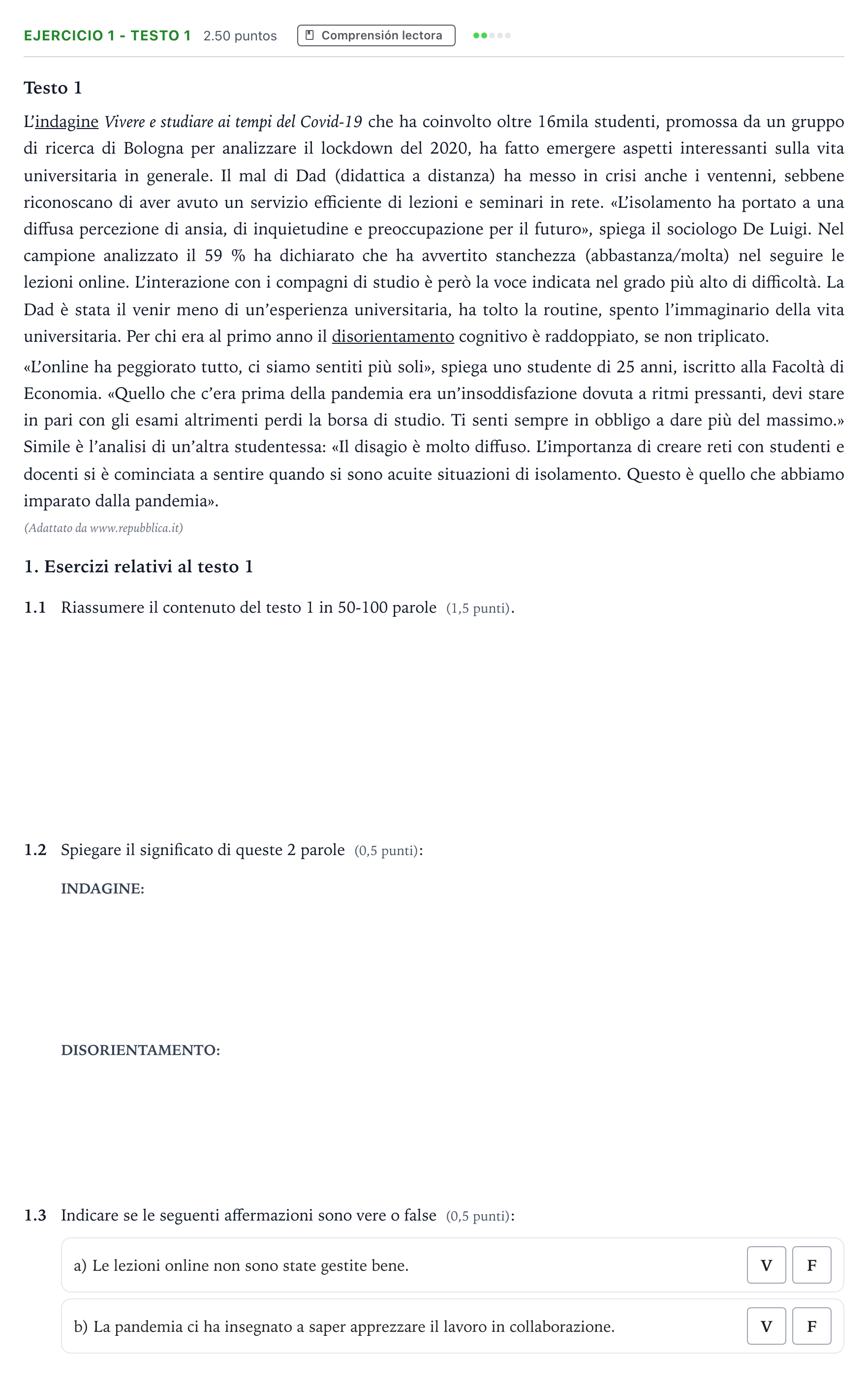 Enunciado: Ejercicio 1 - Testo 1 · Italiano PAU Andalucía Extraordinaria Titular (Acceso) 2023