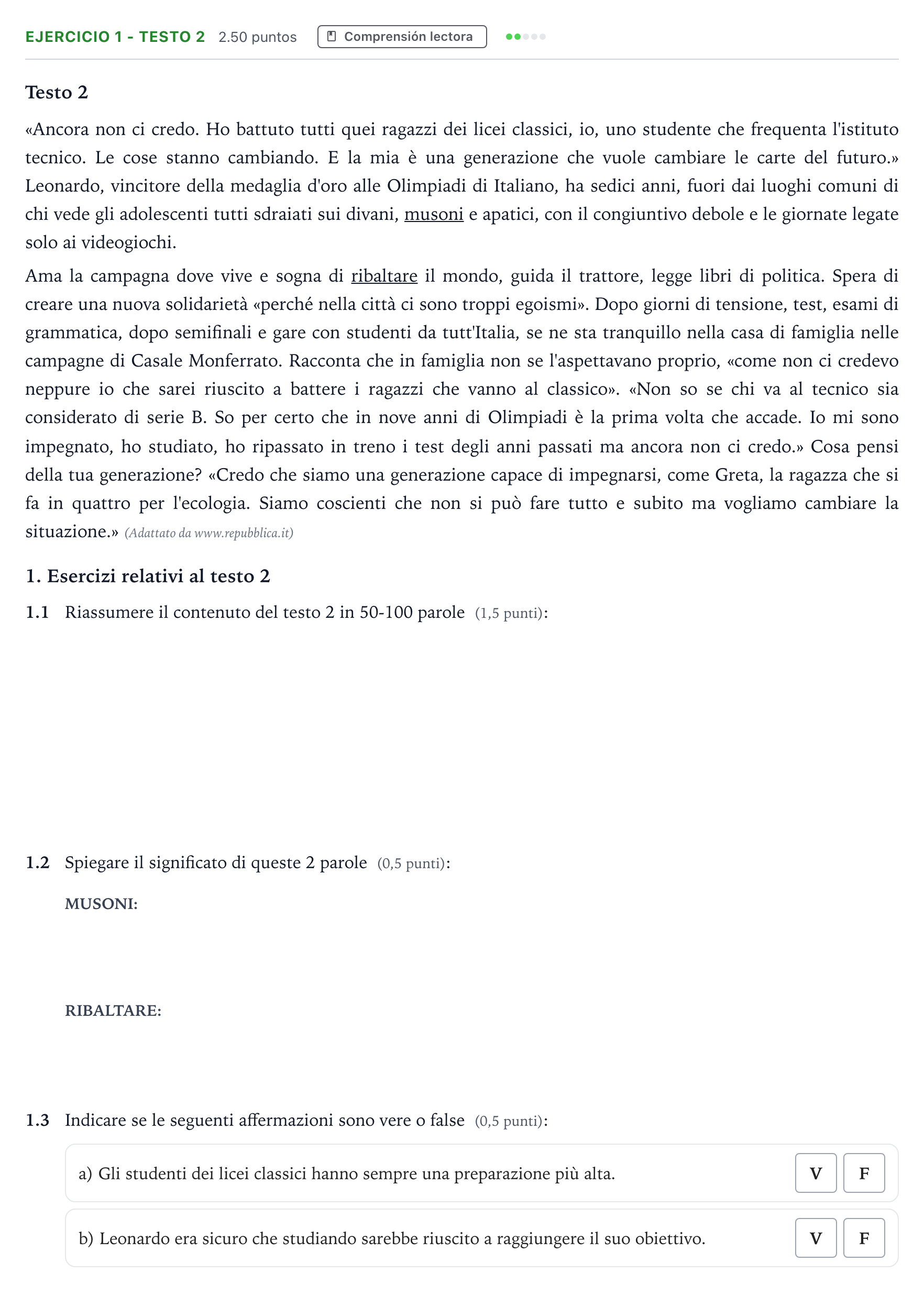 Enunciado: Ejercicio 1 - Testo 2 · Italiano PAU Andalucía Extraordinaria Titular (Acceso) 2023