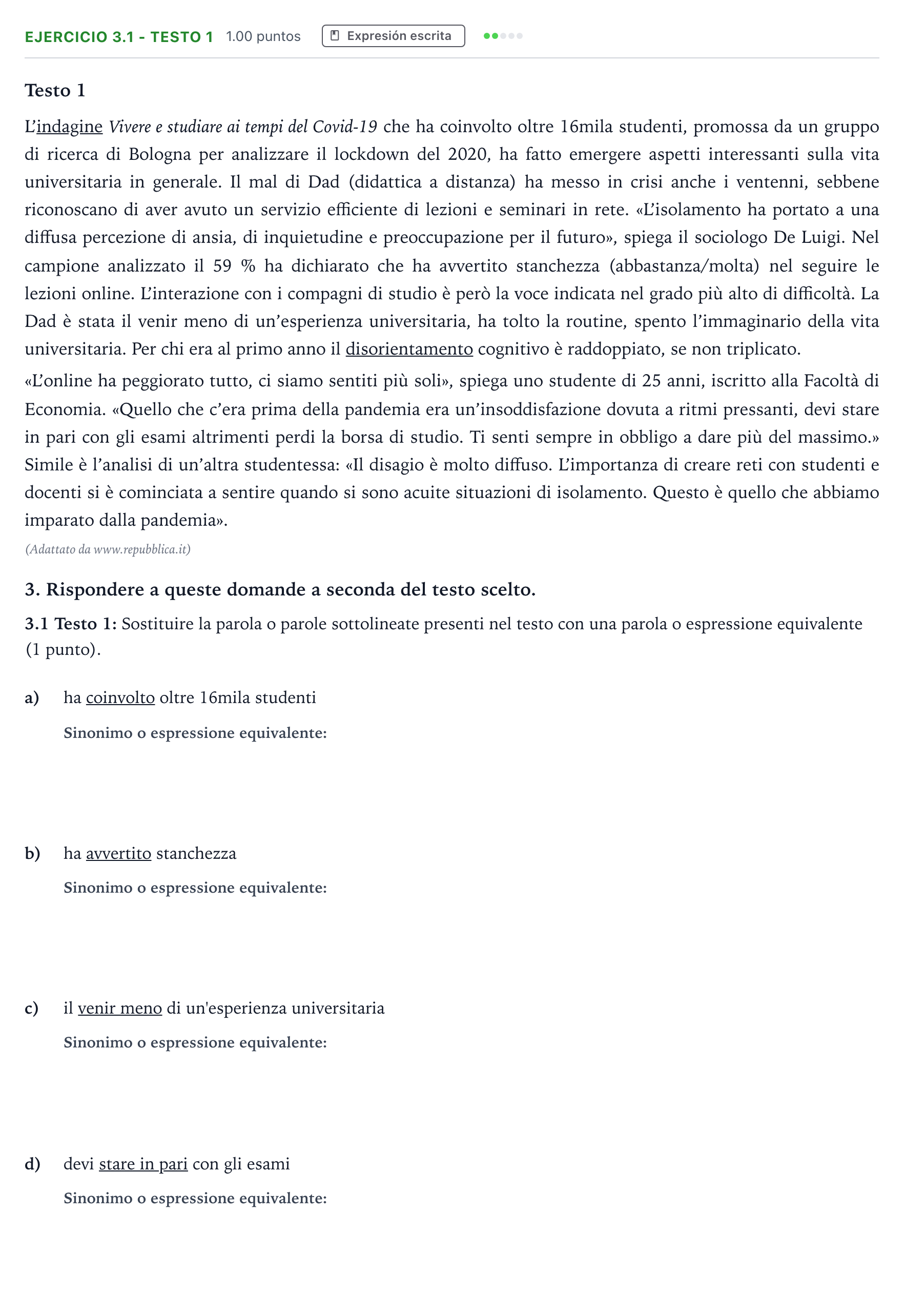 Enunciado: Ejercicio 3.1 - Testo 1 · Italiano PAU Andalucía Extraordinaria Titular (Acceso) 2023