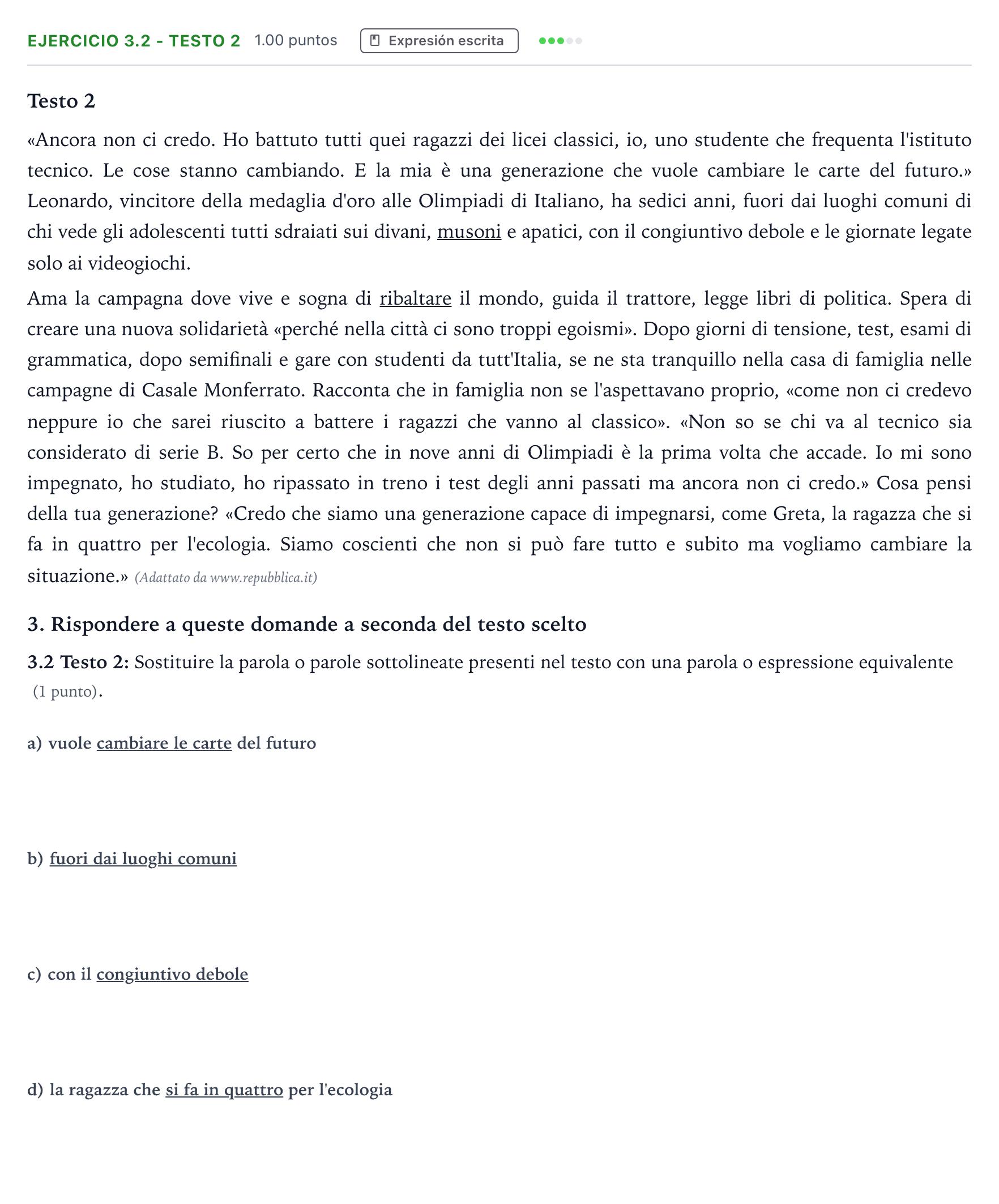 Enunciado: Ejercicio 3.2 - Testo 2 · Italiano PAU Andalucía Extraordinaria Titular (Acceso) 2023