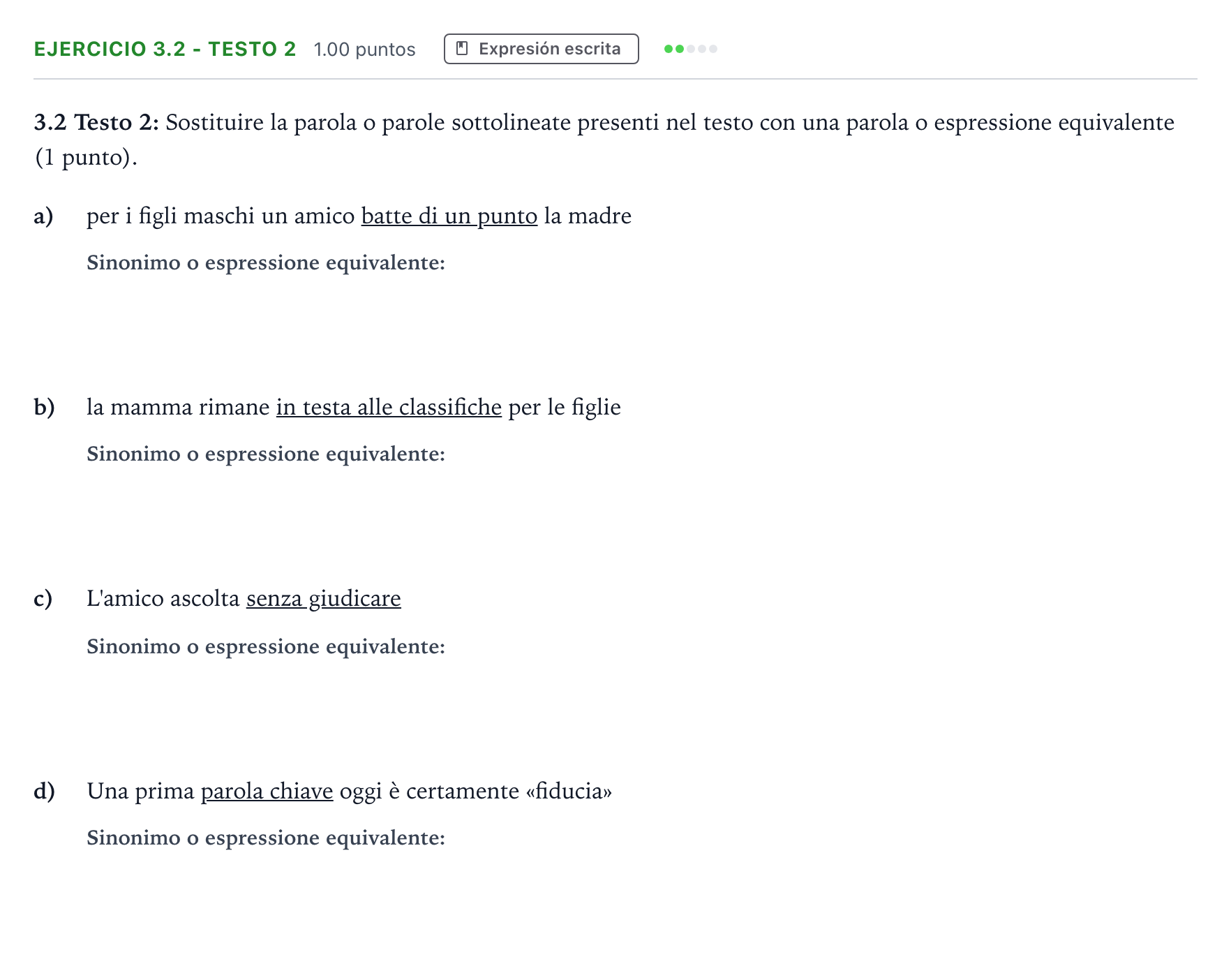 Enunciado: Ejercicio 3.2 - Testo 2 · Italiano PAU Andalucía Extraordinaria Titular (Admisión) 2023