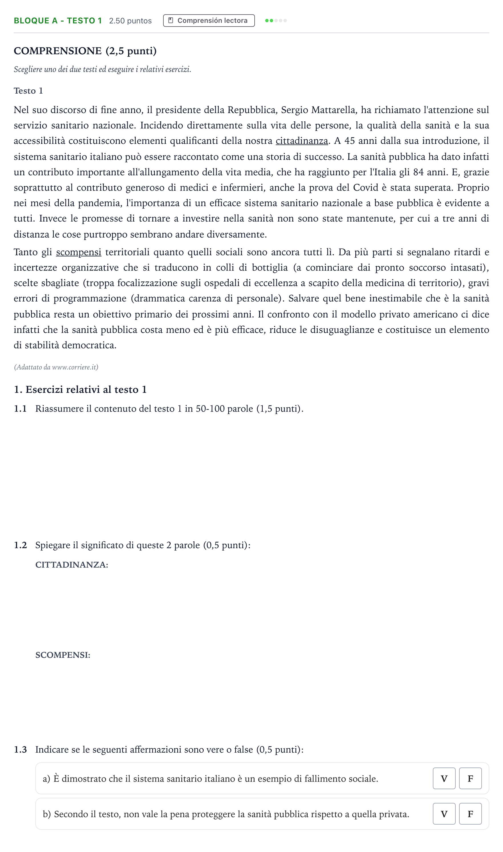 Enunciado: Bloque A - Testo 1 · Italiano PAU Andalucía Ordinaria Reserva 2023