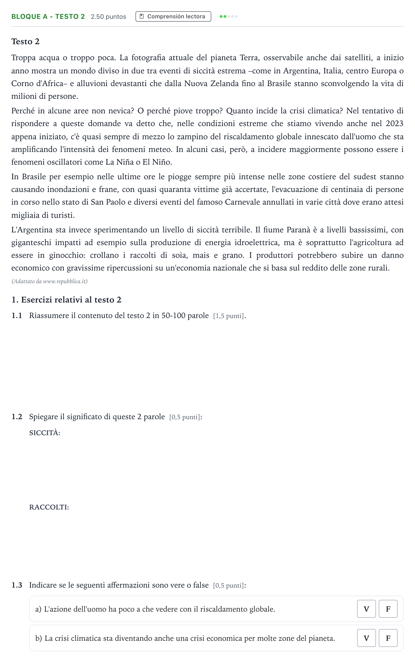 Enunciado: Bloque A - Testo 2 · Italiano PAU Andalucía Ordinaria Reserva 2023
