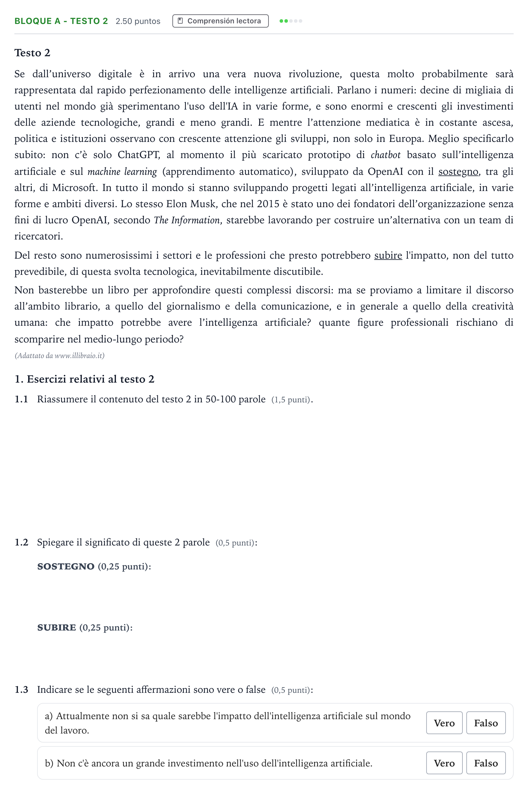 Enunciado: Bloque A - Testo 2 · Italiano PAU Andalucía Ordinaria Titular (Acceso) 2023