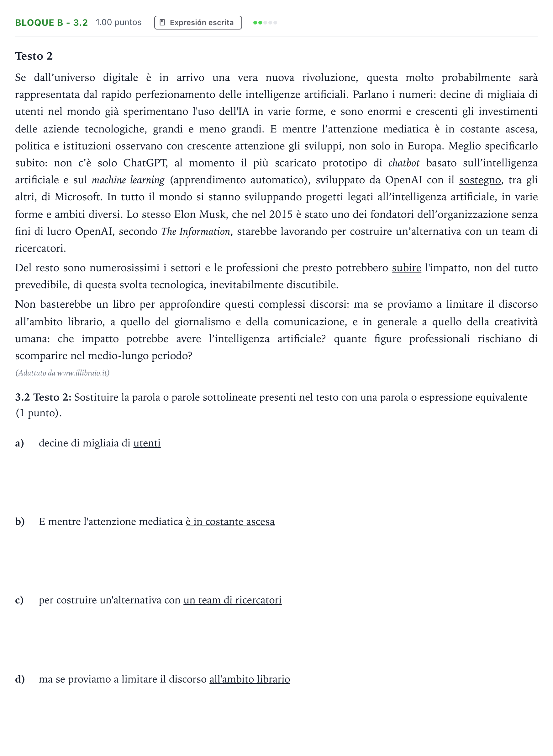 Enunciado: Bloque B - 3.2 · Italiano PAU Andalucía Ordinaria Titular (Acceso) 2023