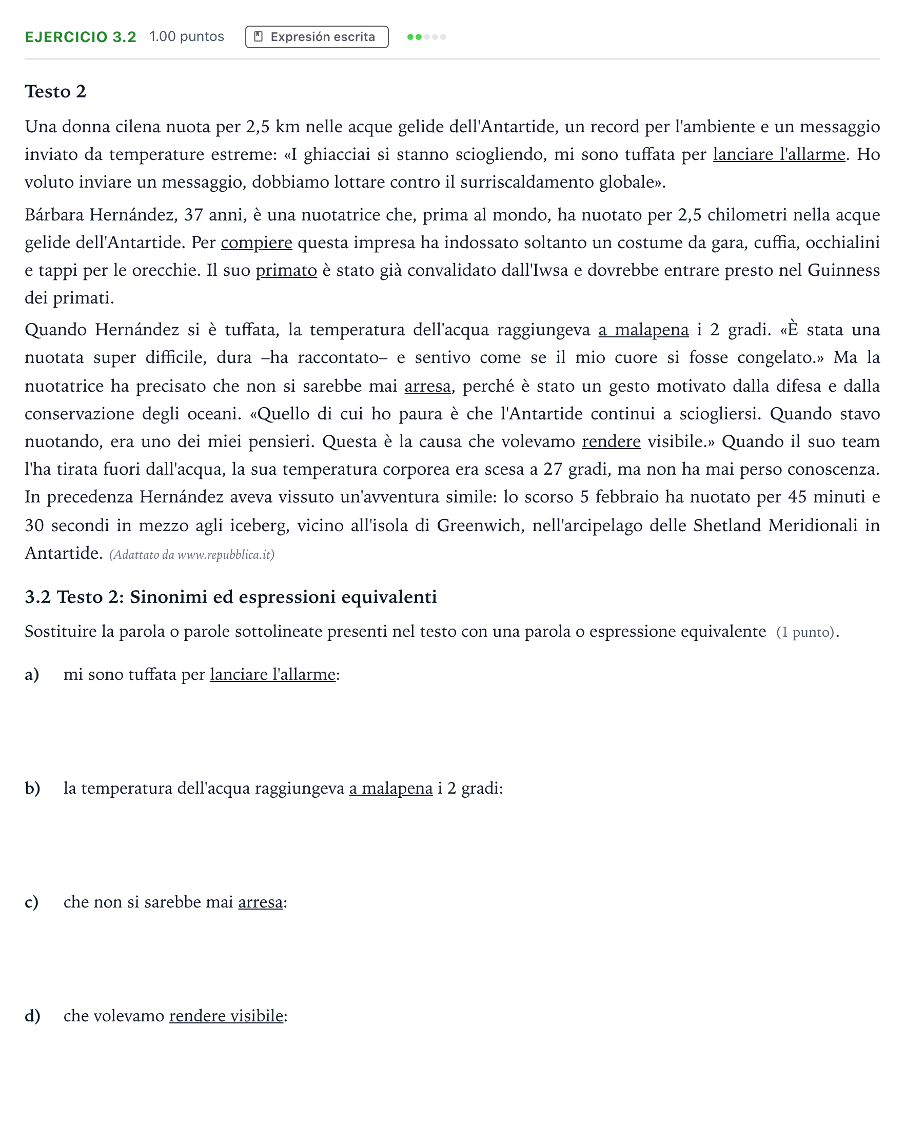 Enunciado: Ejercicio 3.2 · Italiano PAU Andalucía Ordinaria Titular (Admisión) 2023