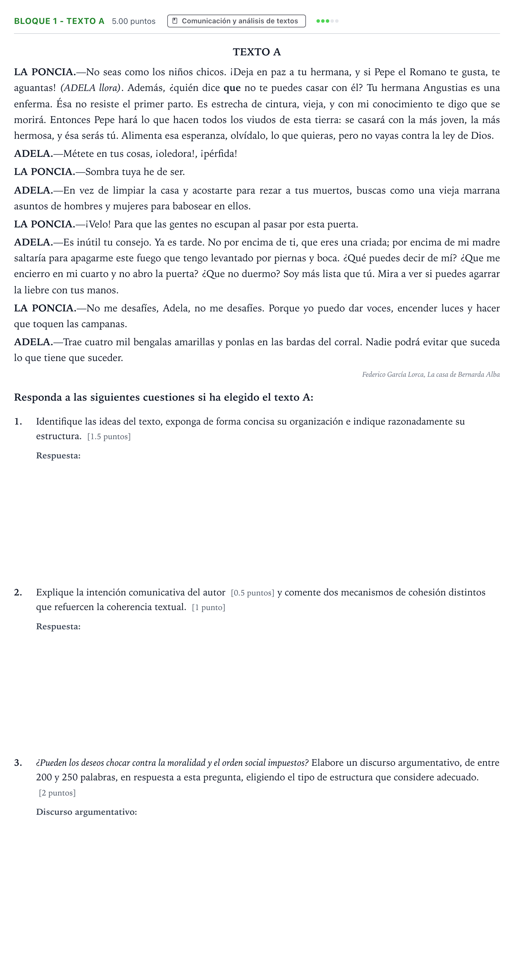 Enunciado: Bloque 1 - Texto A · Lengua Castellana y Literatura II PAU Andalucía Ordinaria Titular 2023