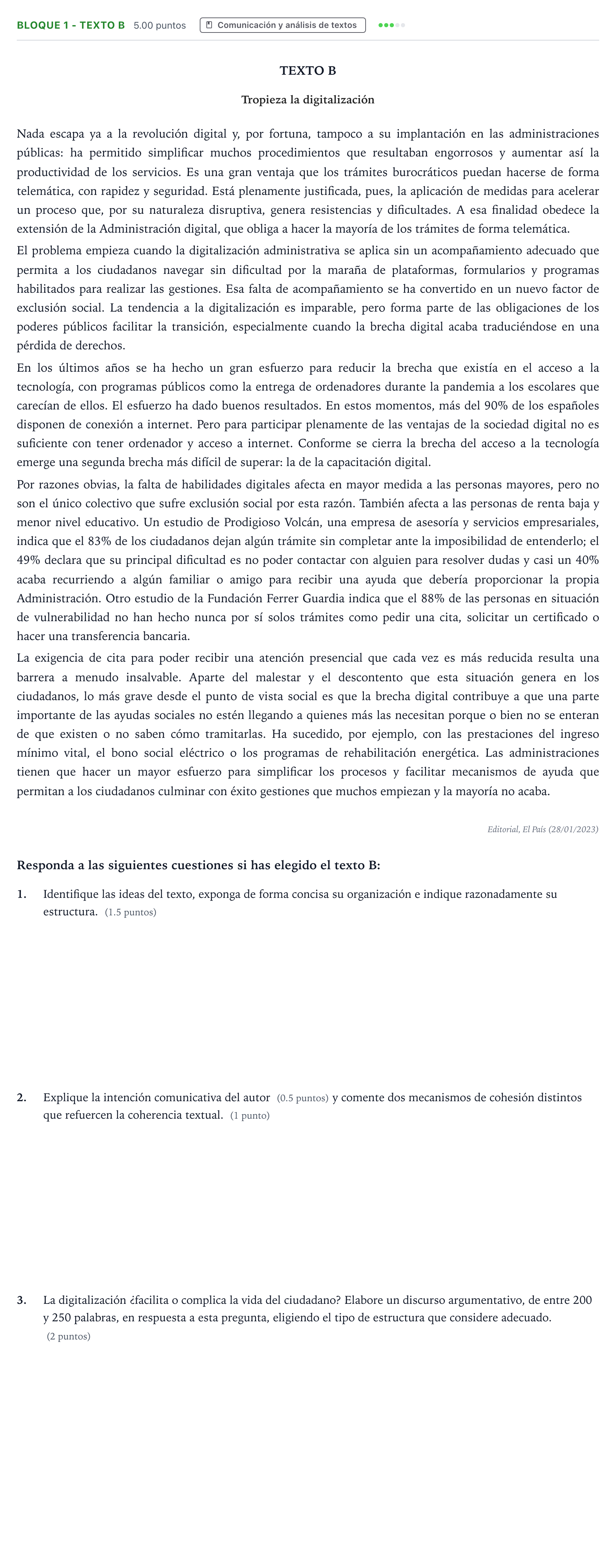 Enunciado: Bloque 1 - Texto B · Lengua Castellana y Literatura II PAU Andalucía Ordinaria Titular 2023
