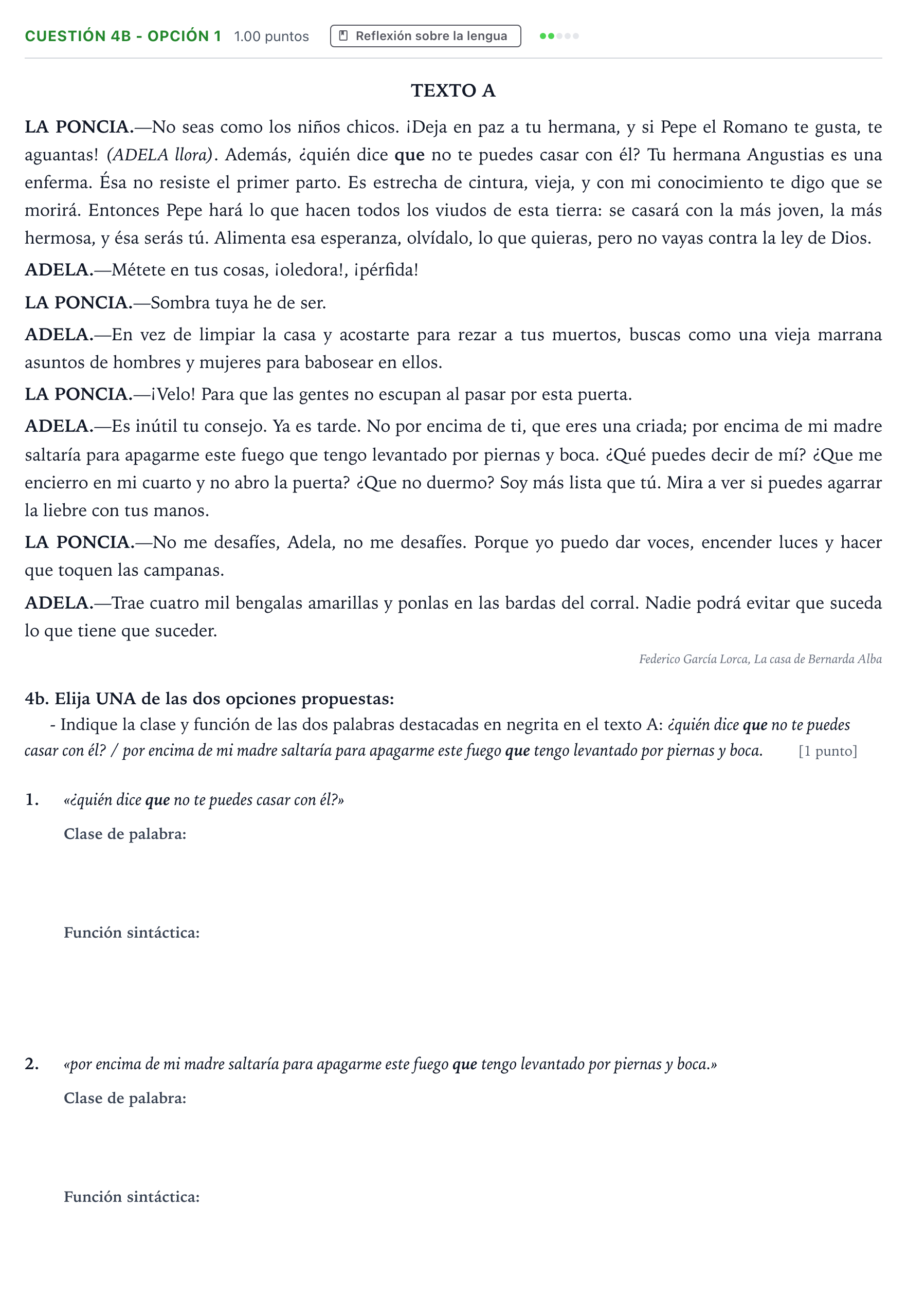 Enunciado: Cuestión 4b - Opción 1 · Lengua Castellana y Literatura II PAU Andalucía Ordinaria Titular 2023