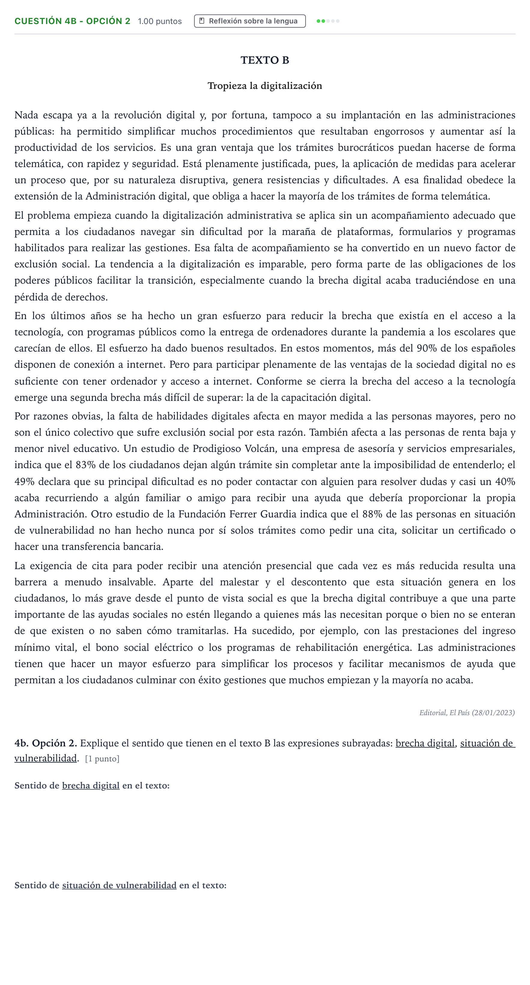 Enunciado: Cuestión 4b - Opción 2 · Lengua Castellana y Literatura II PAU Andalucía Ordinaria Titular 2023