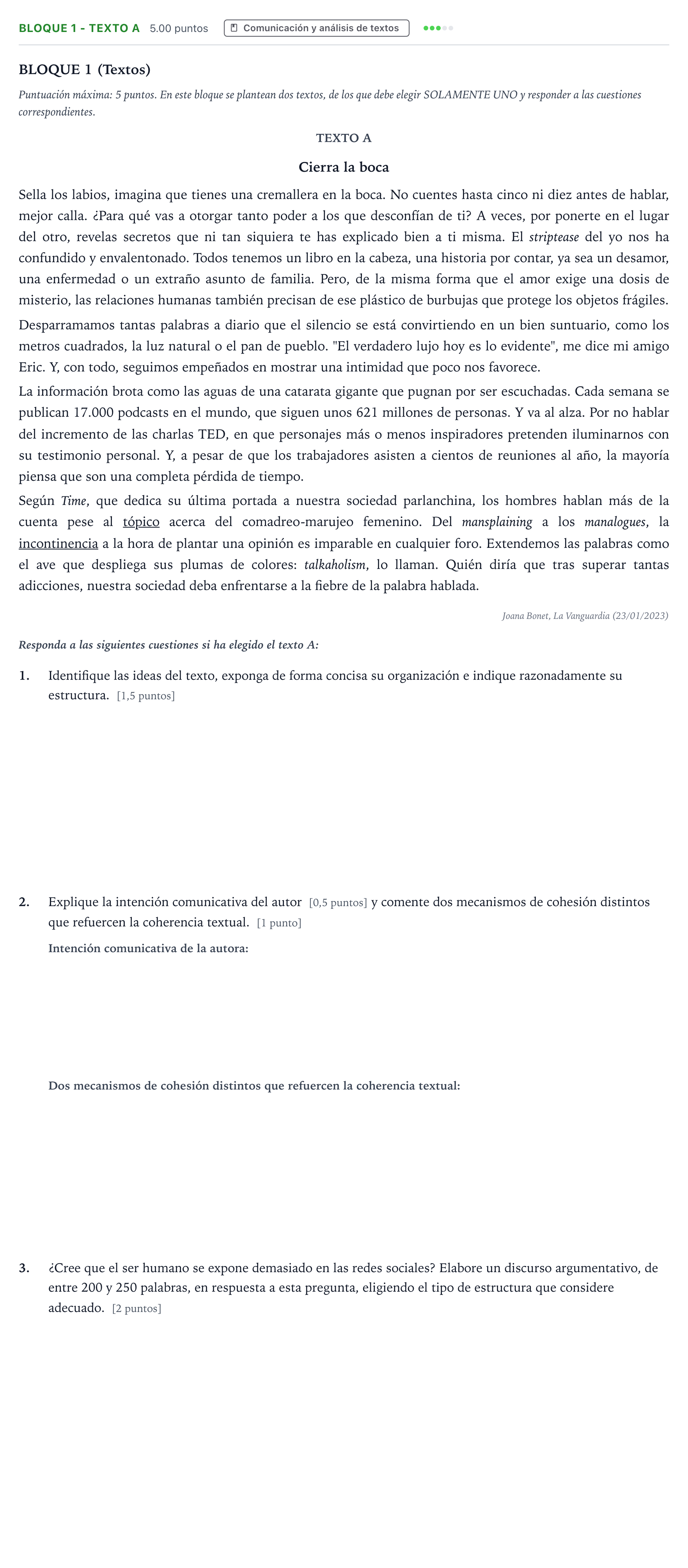 Enunciado: Bloque 1 - Texto A · Lengua Castellana y Literatura II PAU Andalucía Ordinaria Reserva 2023