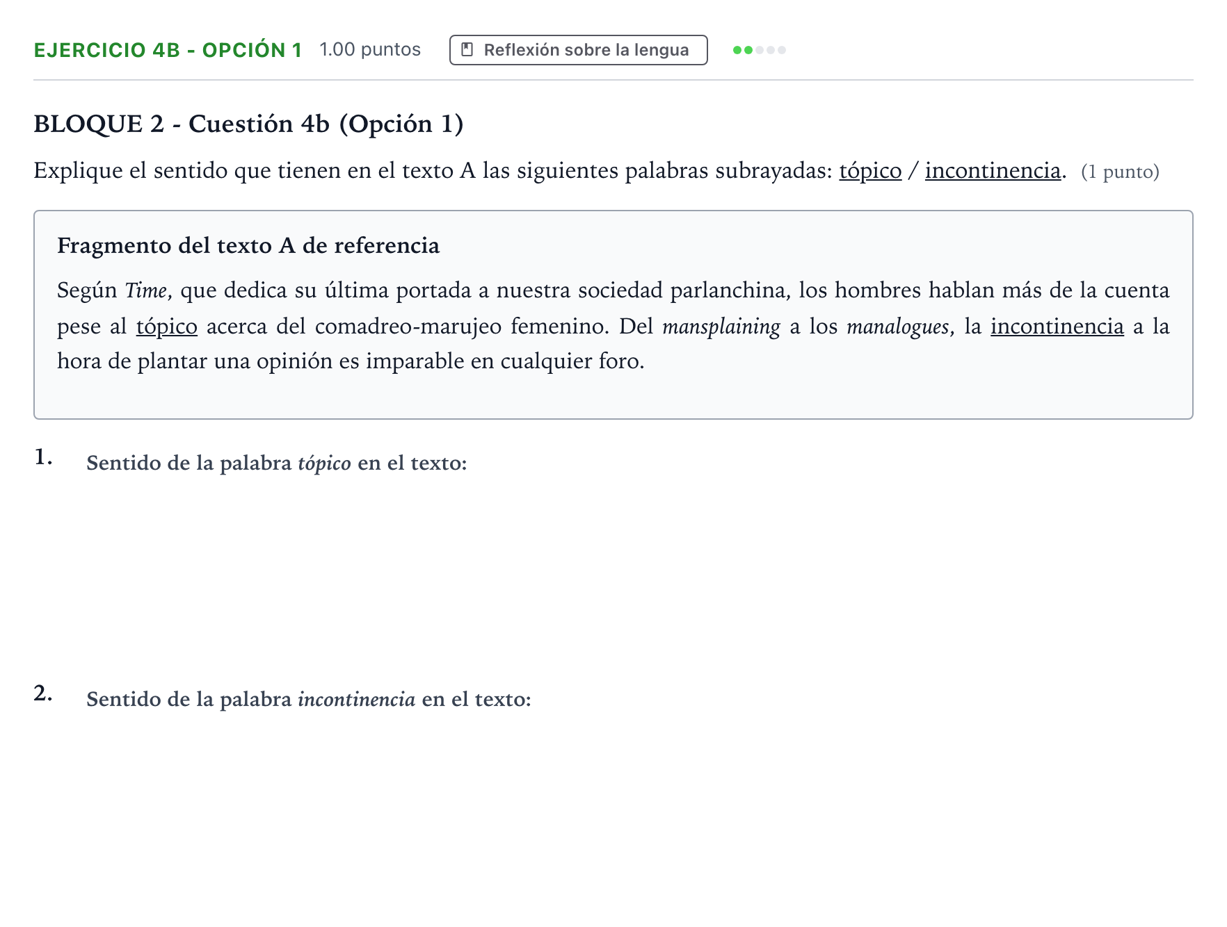 Enunciado: Ejercicio 4b - Opción 1 · Lengua Castellana y Literatura II PAU Andalucía Ordinaria Reserva 2023