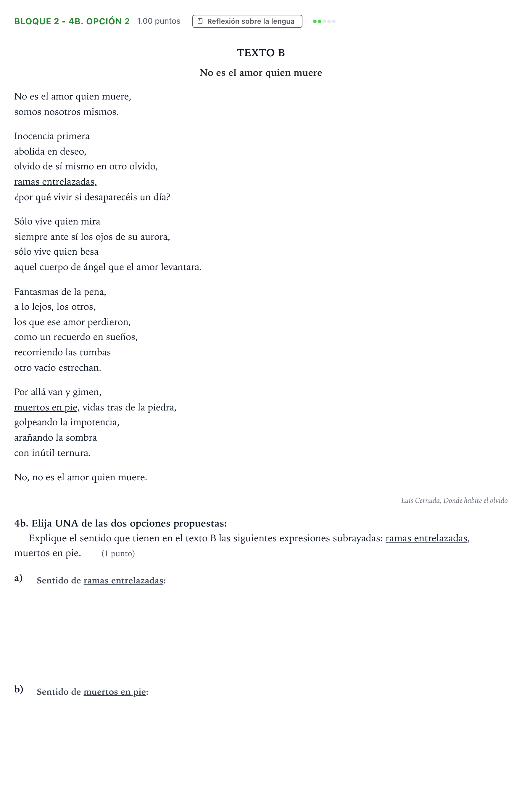 Enunciado: Bloque 2 - 4b. Opción 2 · Lengua Castellana y Literatura II PAU Andalucía Extraordinaria Reserva 2023