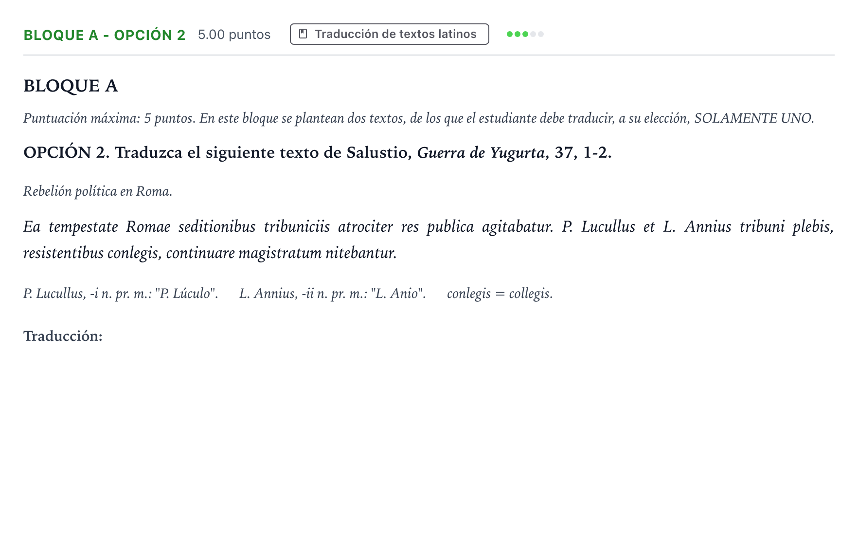 Enunciado: Bloque A - Opción 2 · Latín II PAU Andalucía Ordinaria Suplente 2023
