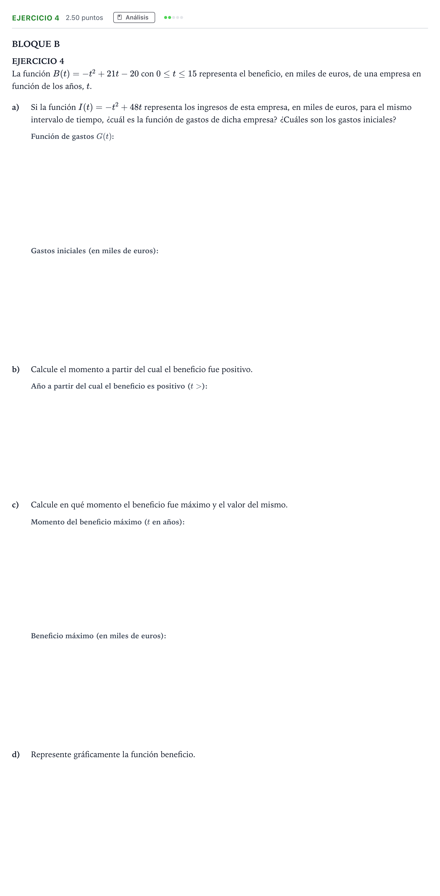 Enunciado: Ejercicio 4 · Matemáticas aplicadas a las Ciencias Sociales II PAU Andalucía Extraordinaria Suplente 2023
