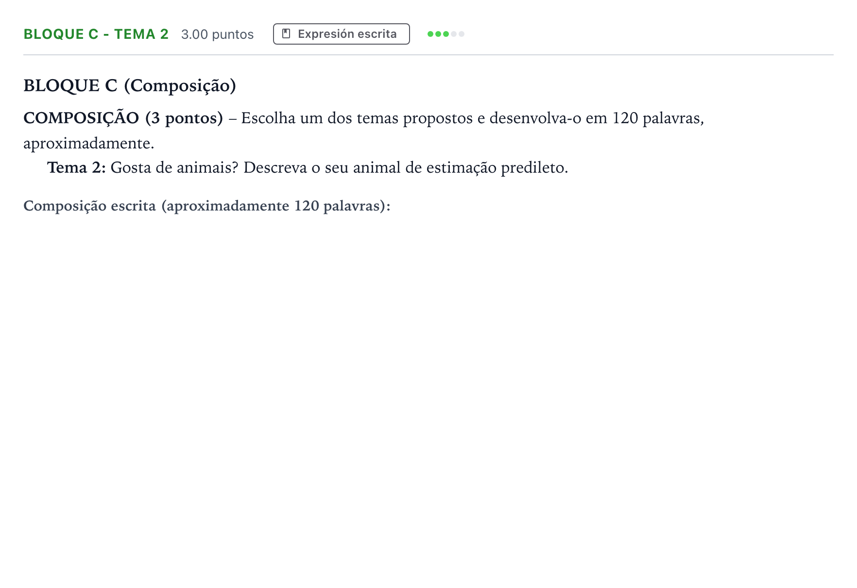Enunciado: Bloque C - Tema 2 · Portugués PAU Andalucía Extraordinaria Suplente 2023