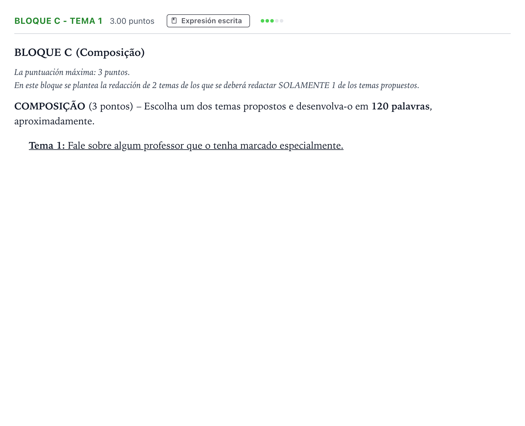 Enunciado: Bloque C - Tema 1 · Portugués PAU Andalucía Ordinaria Reserva 2023