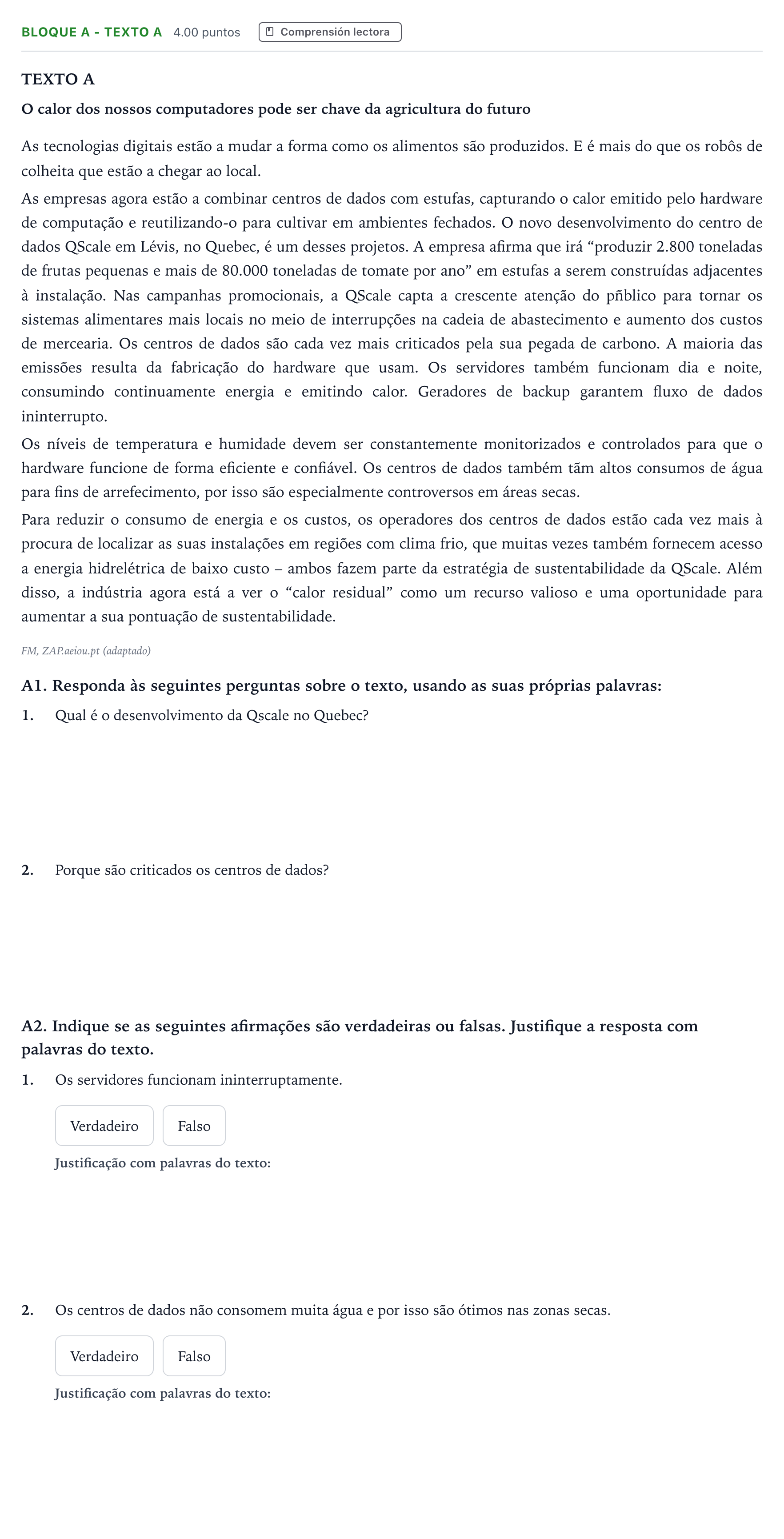 Enunciado: Bloque A - Texto A · Portugués PAU Andalucía Ordinaria Suplente 2023
