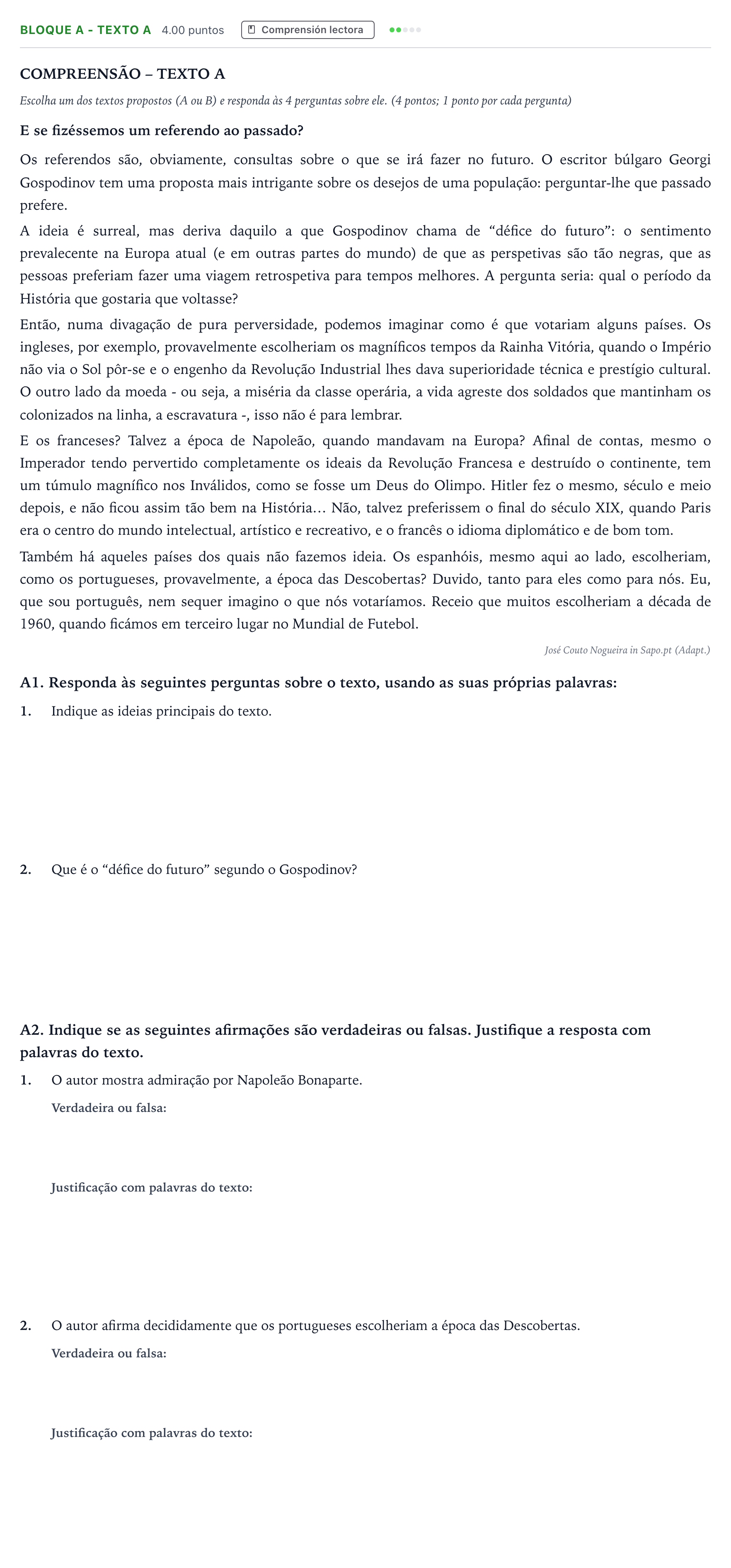 Enunciado: Bloque A - Texto A · Portugués PAU Andalucía Ordinaria Titular (Acceso) 2023