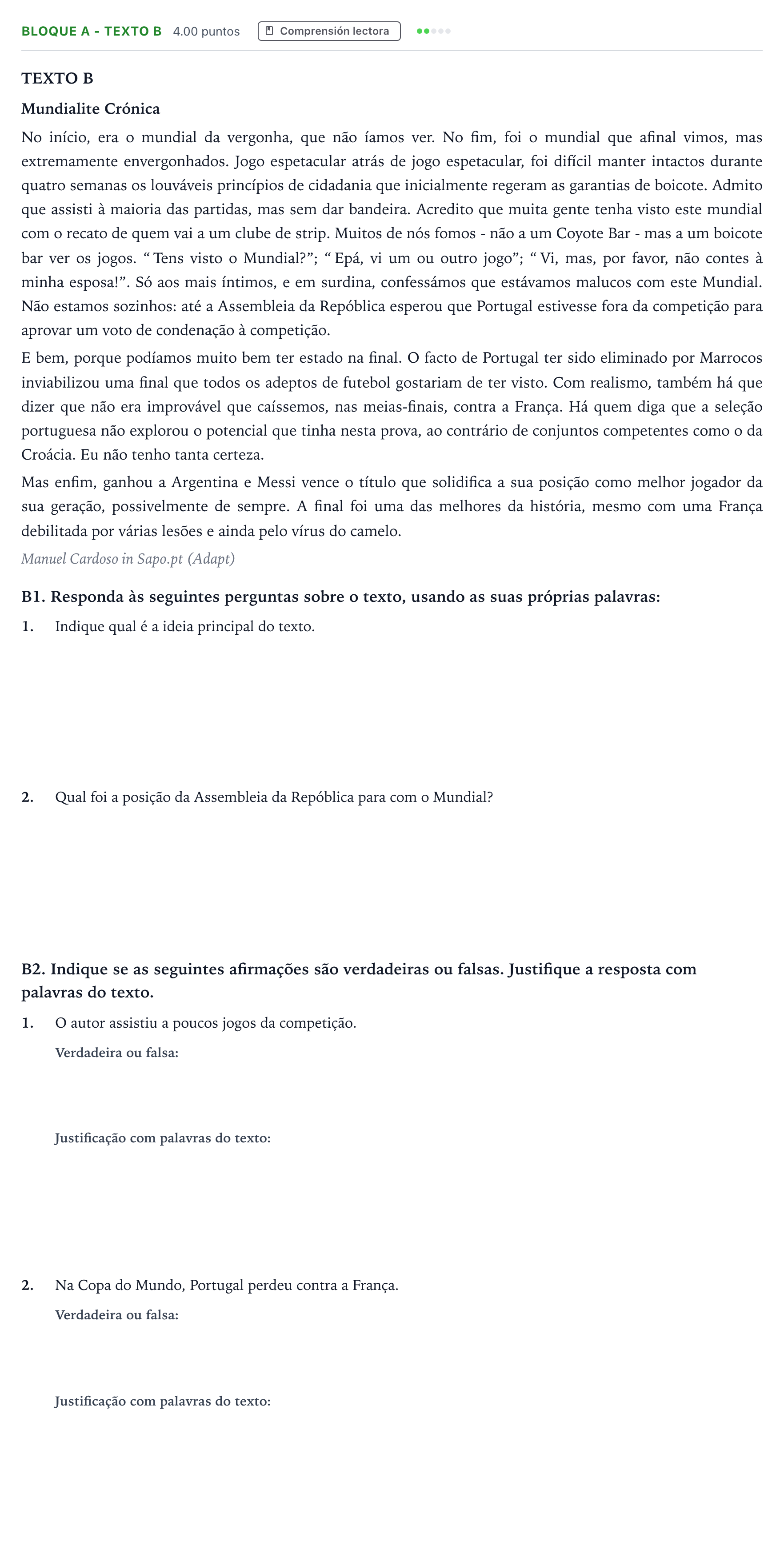 Enunciado: Bloque A - Texto B · Portugués PAU Andalucía Ordinaria Titular (Acceso) 2023