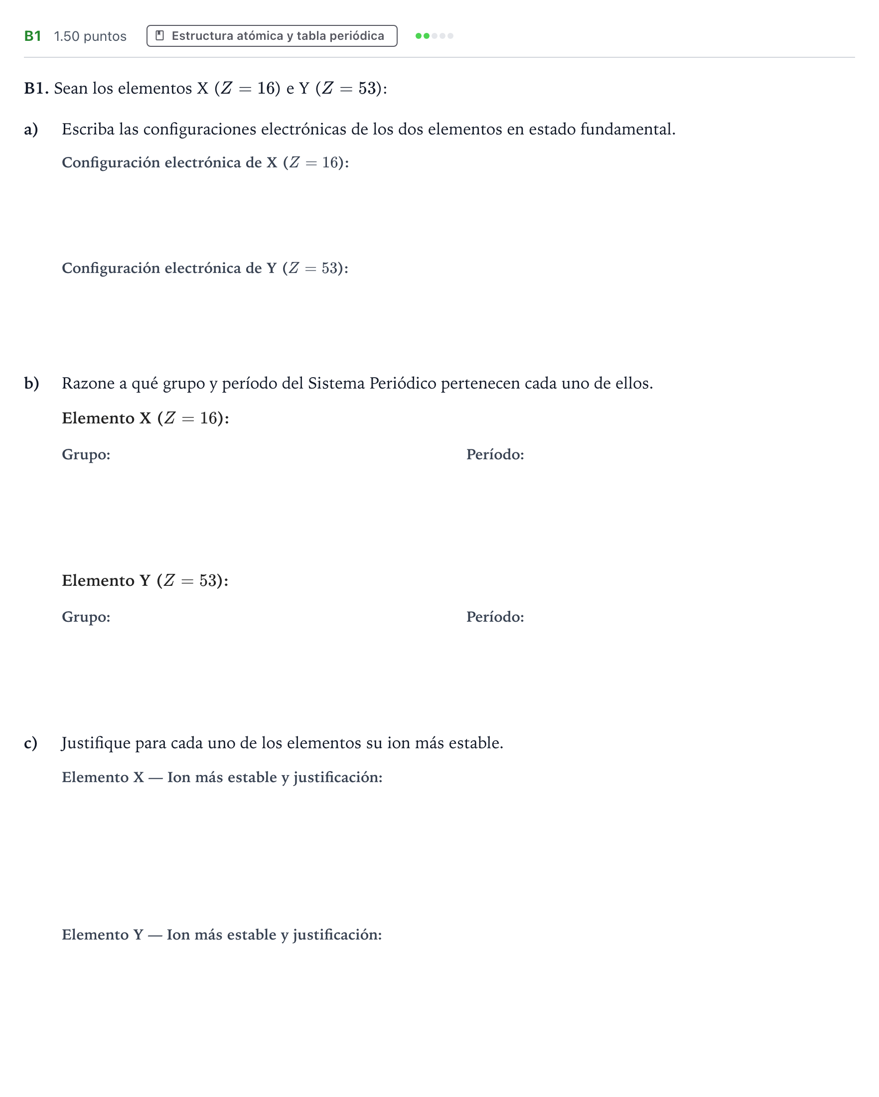 Enunciado: Ejercicio B1 · Química PAU Andalucía Extraordinaria Reserva 2023