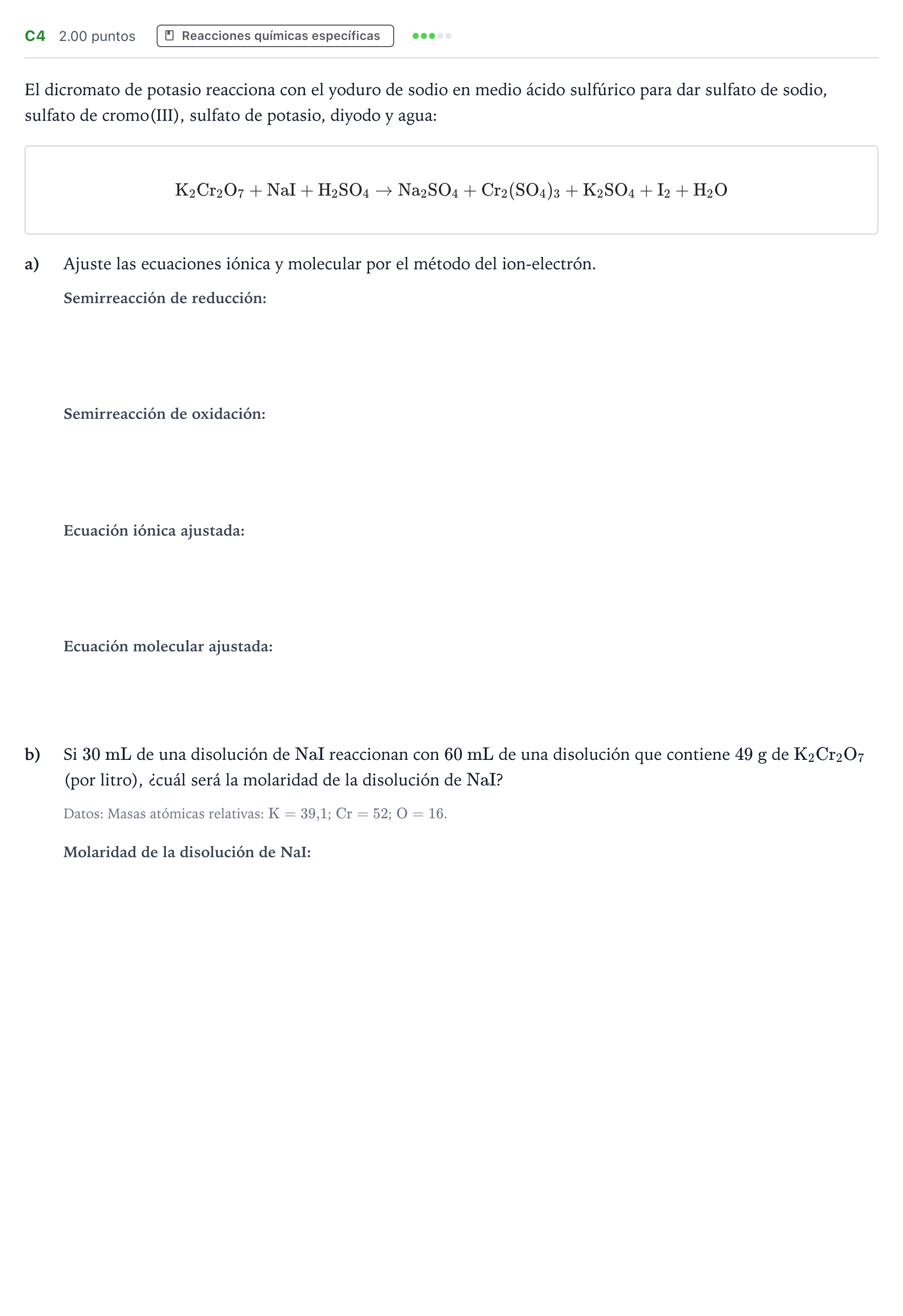 Enunciado: Ejercicio C4 · Química PAU Andalucía Extraordinaria Reserva 2023