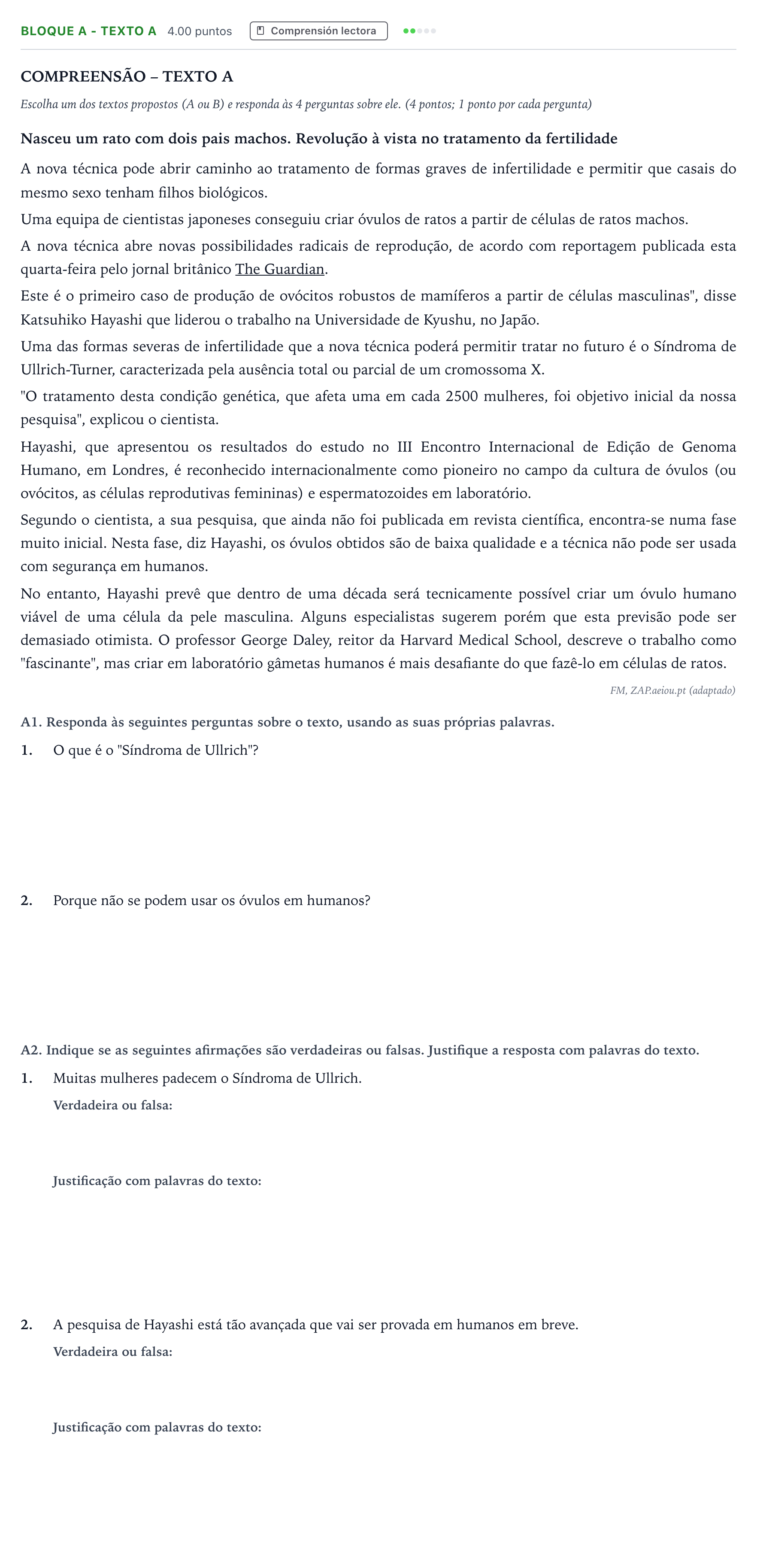 Enunciado: Bloque A - Texto A · Portugués PAU Andalucía Ordinaria Titular (Admisión) 2023