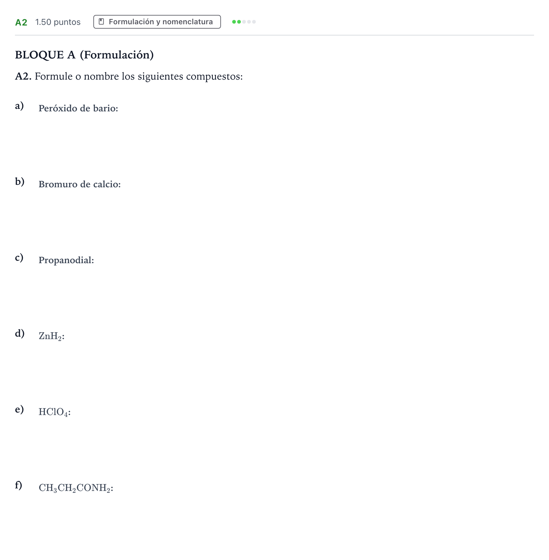 Enunciado: Ejercicio A2 · Química PAU Andalucía Extraordinaria Suplente 2023