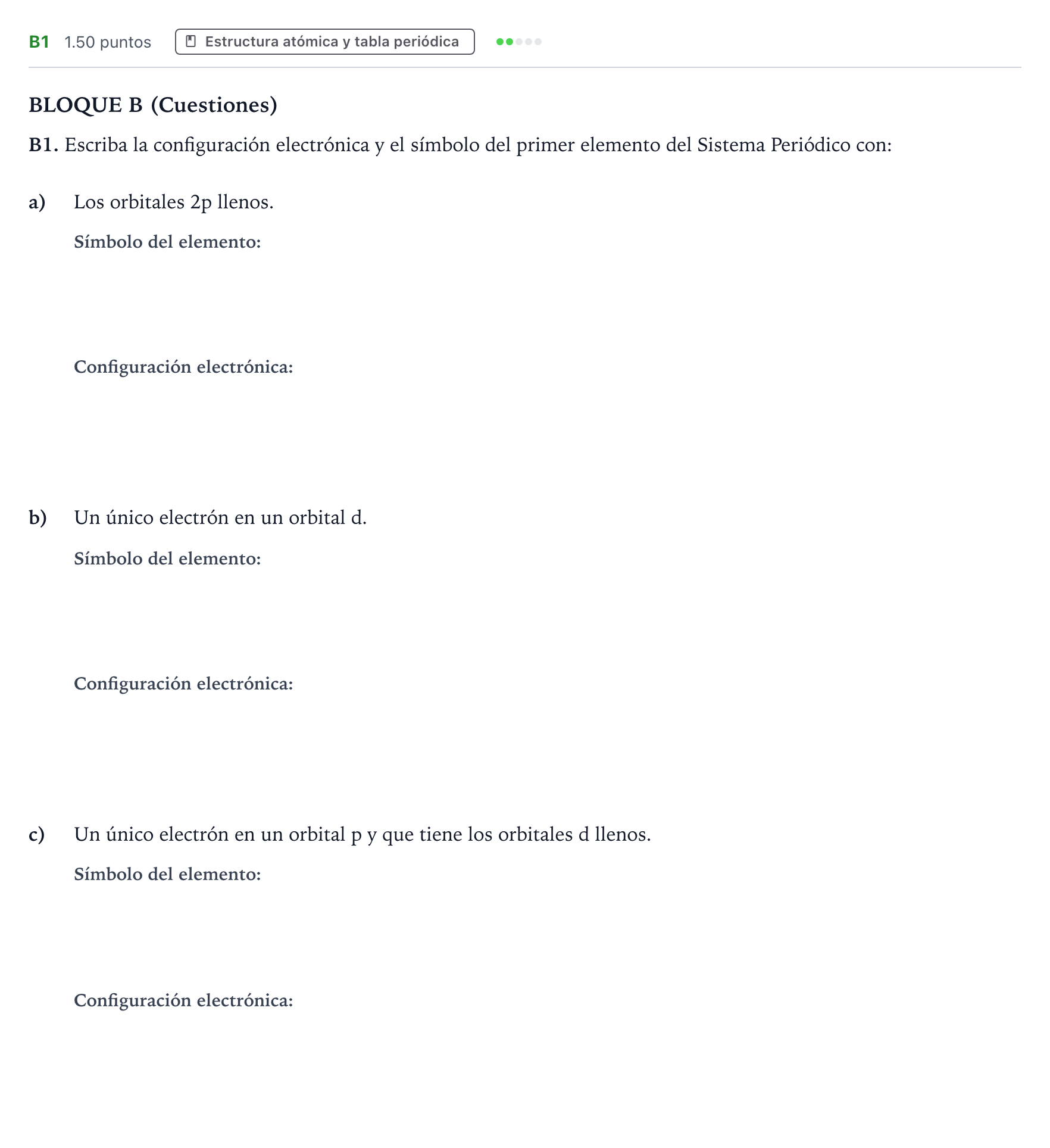 Enunciado: Ejercicio B1 · Química PAU Andalucía Extraordinaria Suplente 2023