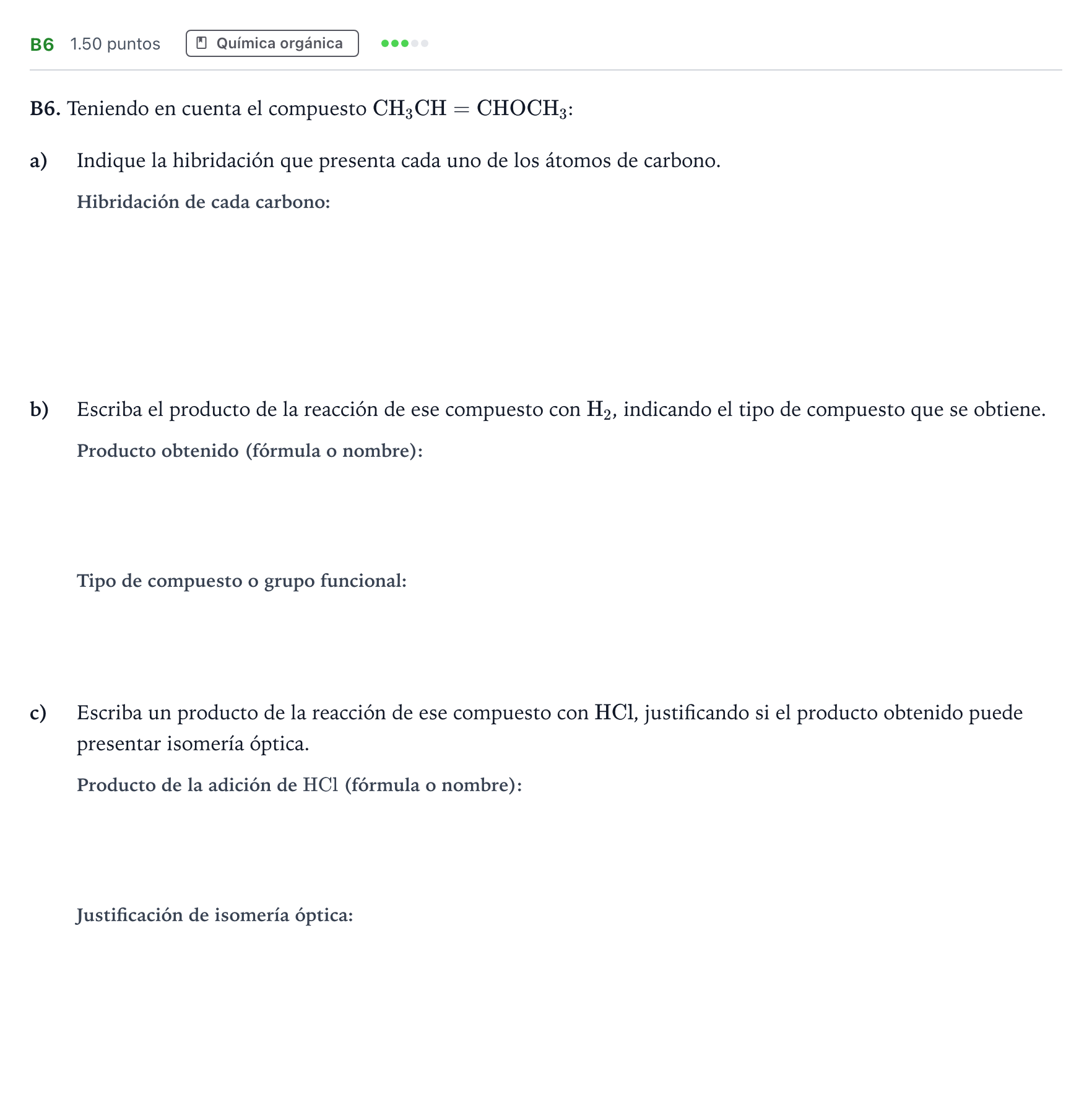 Enunciado: Ejercicio B6 · Química PAU Andalucía Extraordinaria Suplente 2023