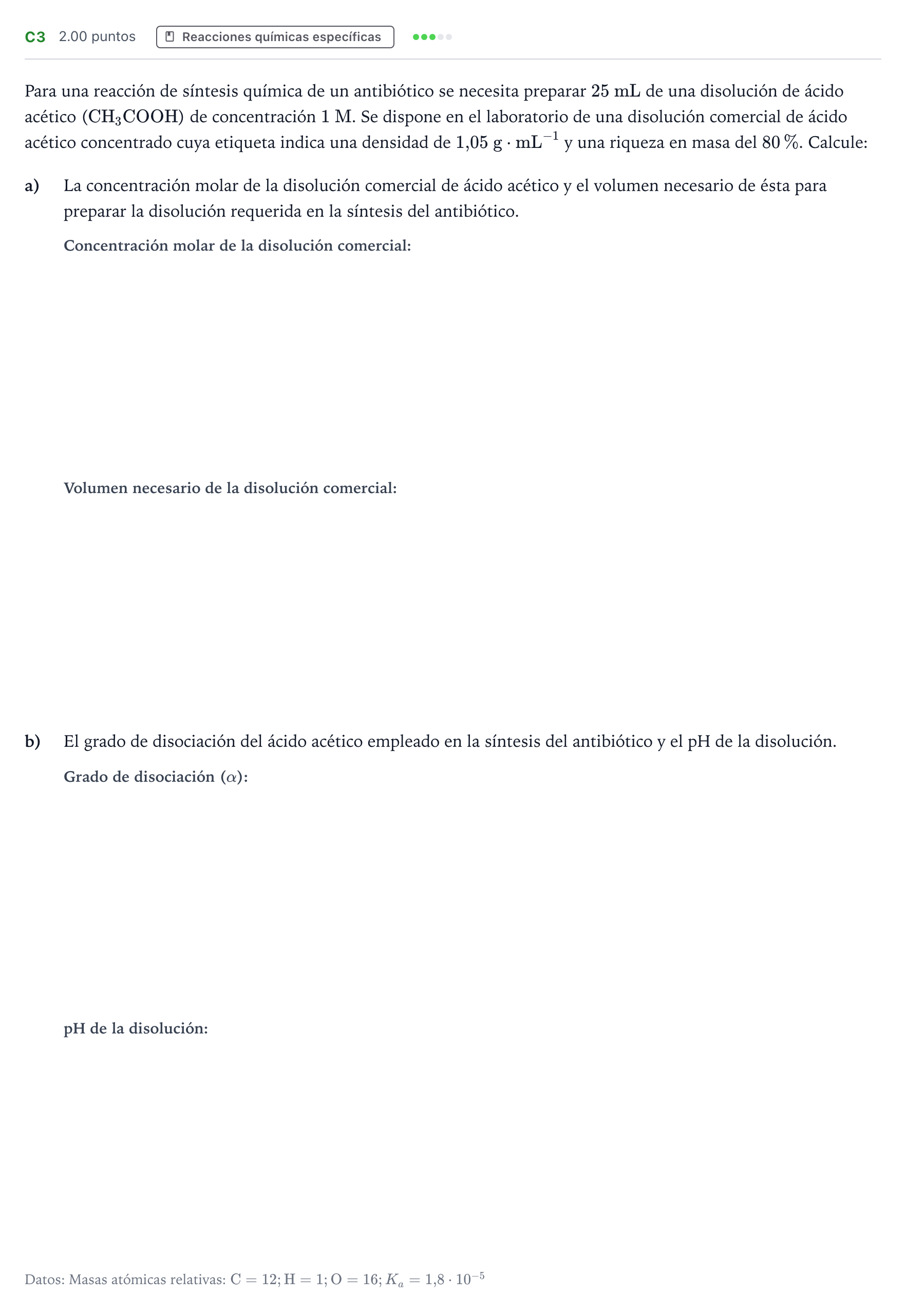 Enunciado: Ejercicio C3 · Química PAU Andalucía Extraordinaria Suplente 2023