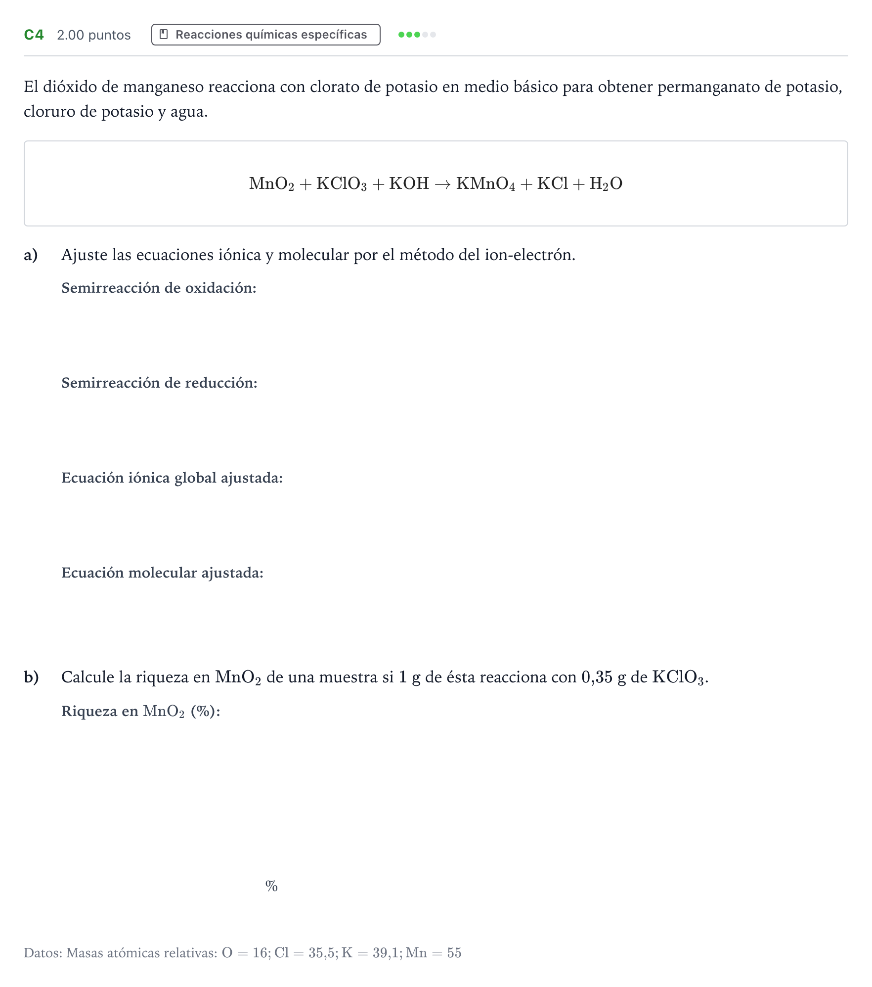 Enunciado: Ejercicio C4 · Química PAU Andalucía Extraordinaria Suplente 2023