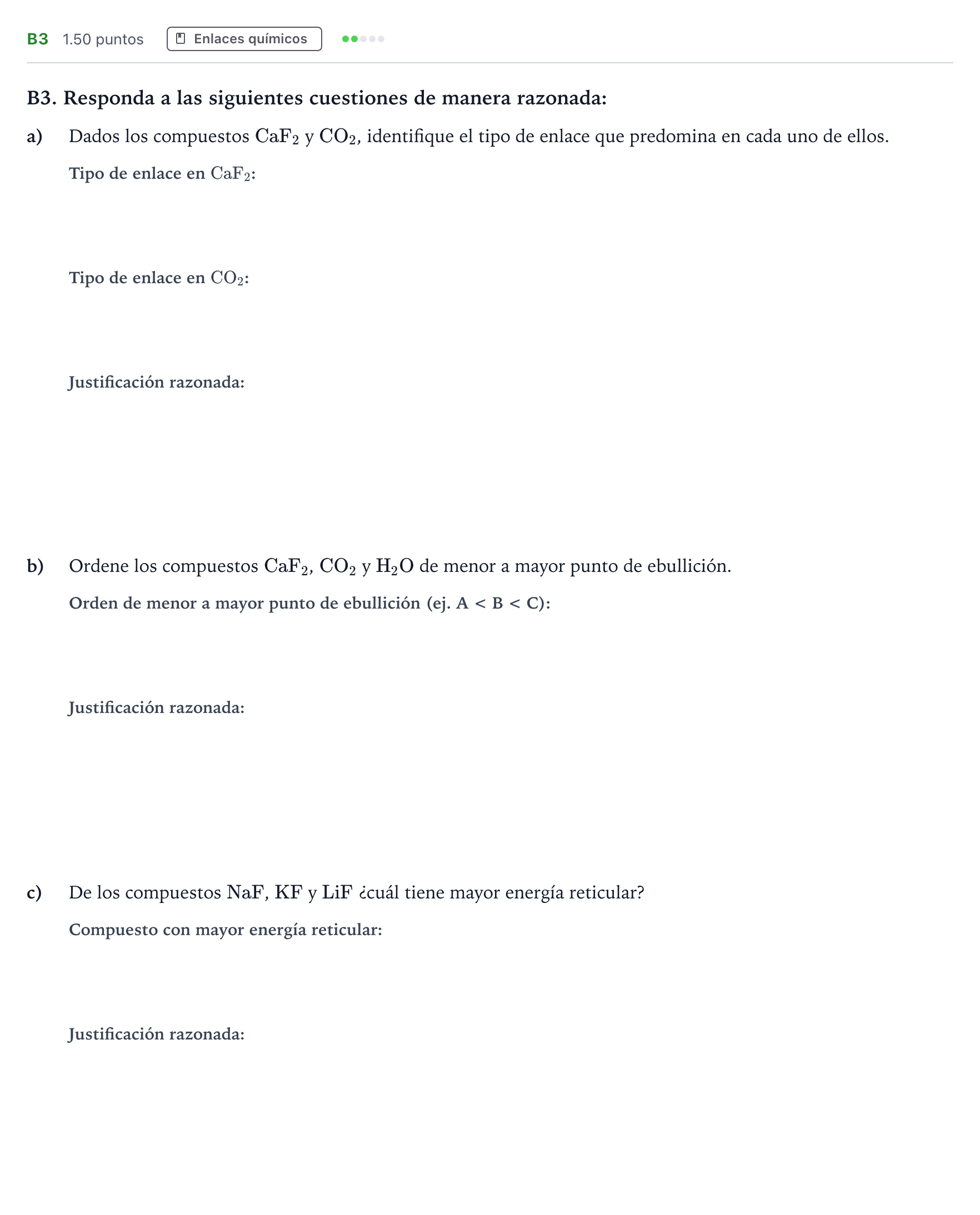 Enunciado: Ejercicio B3 · Química PAU Andalucía Extraordinaria Titular 2023