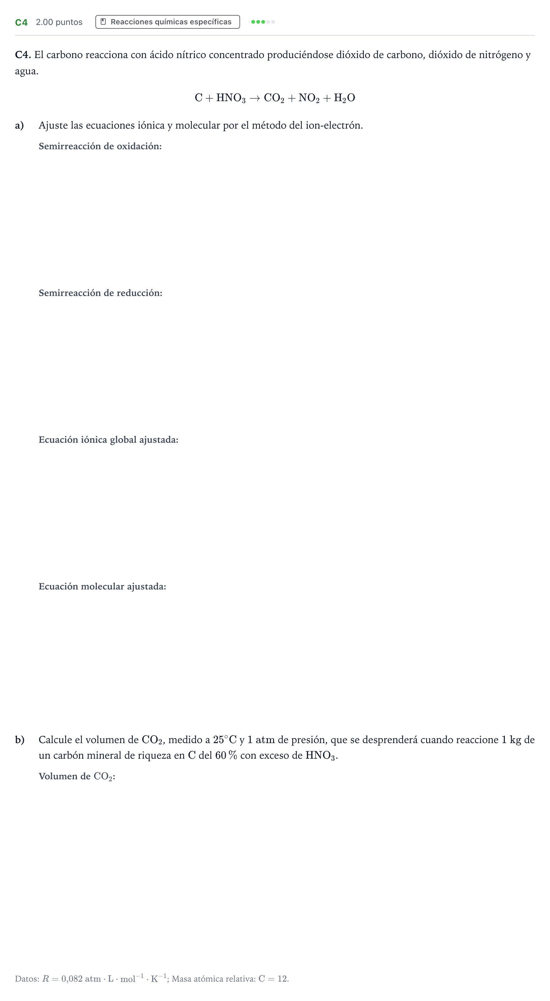 Enunciado: Ejercicio C4 · Química PAU Andalucía Extraordinaria Titular 2023