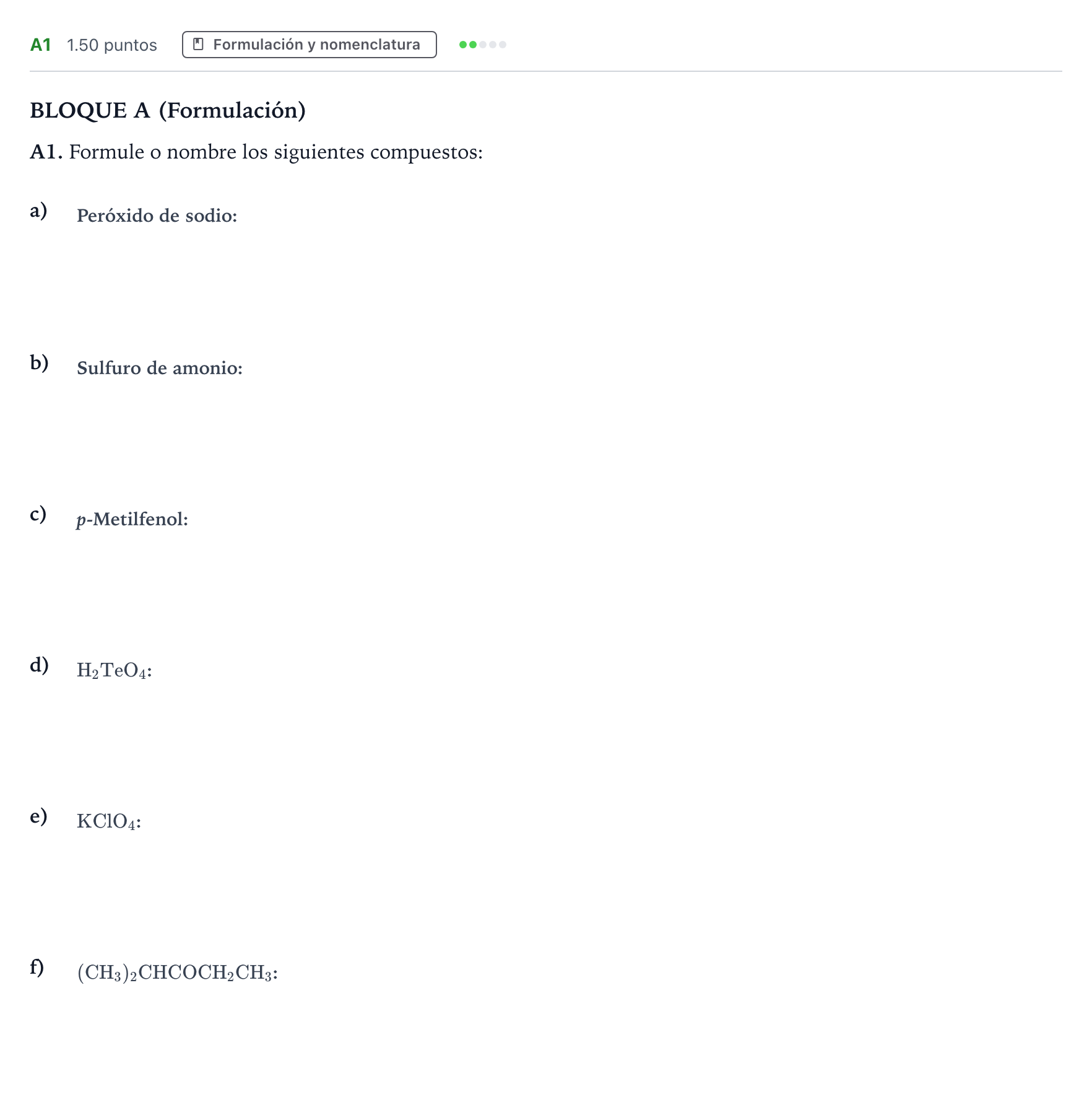 Enunciado: Ejercicio A1 · Química PAU Andalucía Ordinaria Suplente 2023