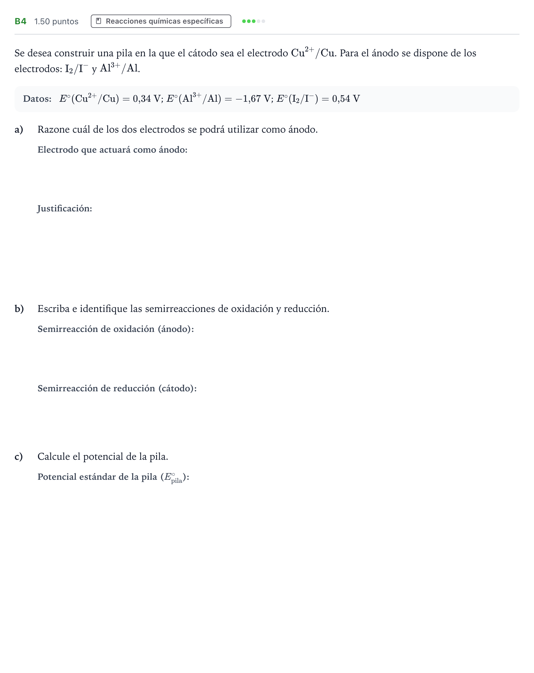 Enunciado: Ejercicio B4 · Química PAU Andalucía Ordinaria Suplente 2023